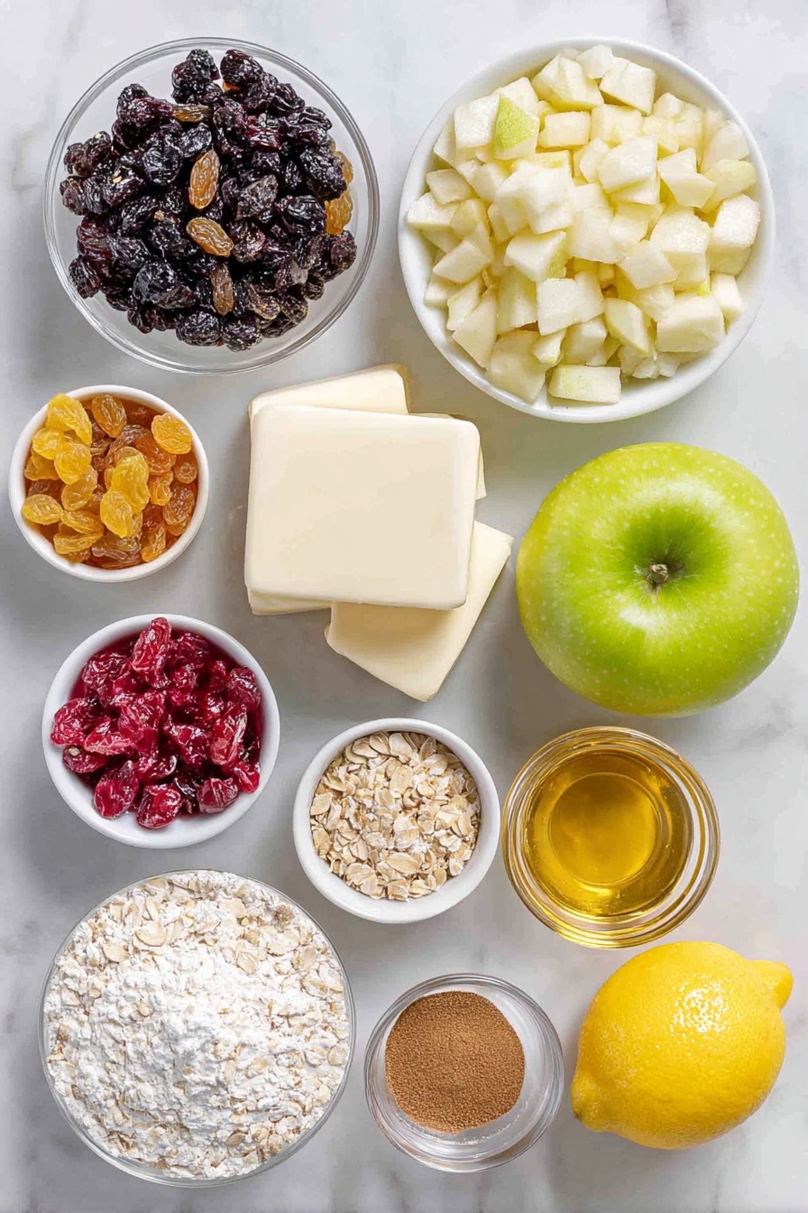 Flat lay of a small pile of golden raisins, a small pile of dark currants, a small pile of pale sultanas, a small pile of dried red cranberries, a small pile of mixed candied peel in orange and lemon hues, a small white ceramic bowl filled with finely chopped cooking apple pieces, a few cubes of cold unsalted butter with a pale creamy color, a small white ceramic bowl of light brown soft sugar, a small white ceramic bowl with ground cinnamon powder, a small white ceramic bowl with mixed spice powder, a bright yellow lemon with one piece of lemon zest beside it, a small white ceramic bowl filled with golden brandy liquid, a small white ceramic bowl filled with rolled oats, a heap of plain white flour dusted lightly on the surface, a small white ceramic bowl with cold cubed unsalted butter, a small white ceramic bowl of light brown soft sugar, a small white ceramic bowl with baking powder powder, all arranged with perfect symmetry and balanced proportions, placed on a clean white marble surface, soft natural light, photo taken with an iPhone, professional food photography style, fresh ingredients, white ceramic bowls, no bottles, no duplicates, no utensils, no packaging --ar 2:3 --v 7 --p m7354615311229779997 - Mince Pie Crumble Bars, festive holiday treats, easy Christmas dessert, homemade mince pie bars, buttery crumble dessert