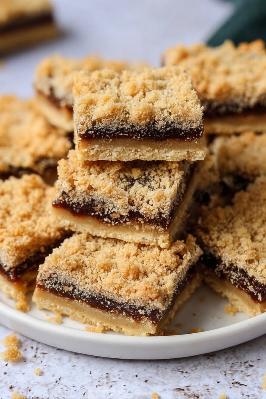 The image shows a stack of square crumb bars on a white marbled surface, arranged on a white plate. Each bar has three layers, starting with a light golden base that looks firm and crumbly, a middle layer of dark brown filling with a soft texture, and a top layer of a coarse, golden crumb mix that looks crunchy. The bars are closely stacked, with crumbs scattered around, adding to the natural and homemade feel. Photo taken with an iphone --ar 2:3 --v 7 - Mince Pie Crumble Bars, festive holiday treats, easy Christmas dessert, homemade mince pie bars, buttery crumble dessert