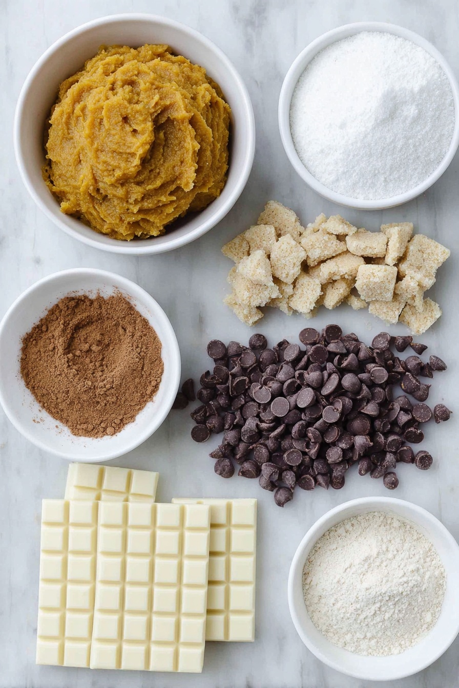 Flat lay of a smooth mound of bright orange pure pumpkin puree in a simple white ceramic bowl, a small white bowl filled with fine white powdered sugar, a neat pile of golden graham cracker crumbs arranged beside a small mound of granulated sugar mixed with ground cinnamon in another white bowl, a small heap of mini shiny dark chocolate chips, a portion of white chocolate bars broken into chunks, and a tiny white bowl containing warm brown pumpkin pie spice powder, all placed on a clean white marble surface, soft natural light, photo taken with an iPhone, professional food photography style, fresh ingredients, white ceramic bowls, no bottles, no duplicates, no utensils, no packaging --ar 2:3 --v 7 --p m7354615311229779997 - Spiced Pumpkin Truffles, Pumpkin Truffles, Fall Dessert Recipes, No-Bake Pumpkin Treats, Cozy Holiday Sweets