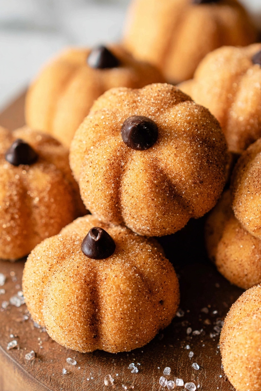 The image shows several small pumpkin-shaped cookies in a close-up view, each cookie is round and has distinct carved lines running from the top to the bottom, mimicking a pumpkin’s sections. They have a light brown color with a slightly grainy texture because of the sugar coating, which gives them a sparkly look. On the top center of each cookie, there is one small, dark chocolate chip that looks like a pumpkin stem. The cookies are placed close together on a wooden surface with some scattered sugar crystals around them, all against a white marbled texture background. photo taken with an iphone --ar 2:3 --v 7 - Spiced Pumpkin Truffles, Pumpkin Truffles, Fall Dessert Recipes, No-Bake Pumpkin Treats, Cozy Holiday Sweets