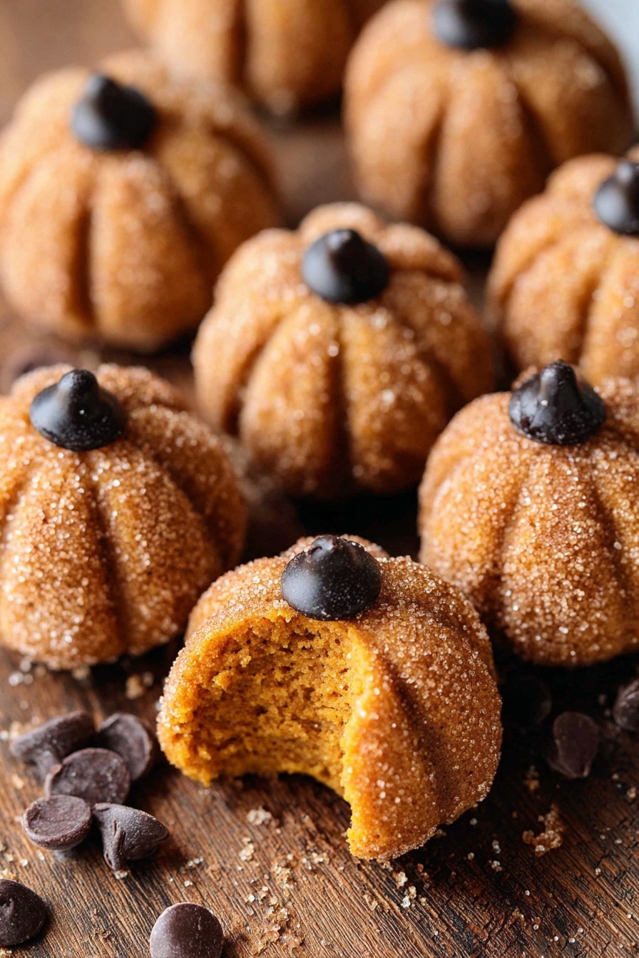 The image shows small pumpkin-shaped treats with a light brown color and sugar coating on the outside. Each treat has vertical lines carved to look like pumpkin ribs and a single dark chocolate chip placed on top as a stem. One treat is broken open, showing a soft, moist, and slightly crumbly orange interior. The treats are scattered on a brown wooden surface with a few extra chocolate chips around them. The white marbled texture can be faintly seen in the background. photo taken with an iphone --ar 2:3 --v 7 - Spiced Pumpkin Truffles, Pumpkin Truffles, Fall Dessert Recipes, No-Bake Pumpkin Treats, Cozy Holiday Sweets