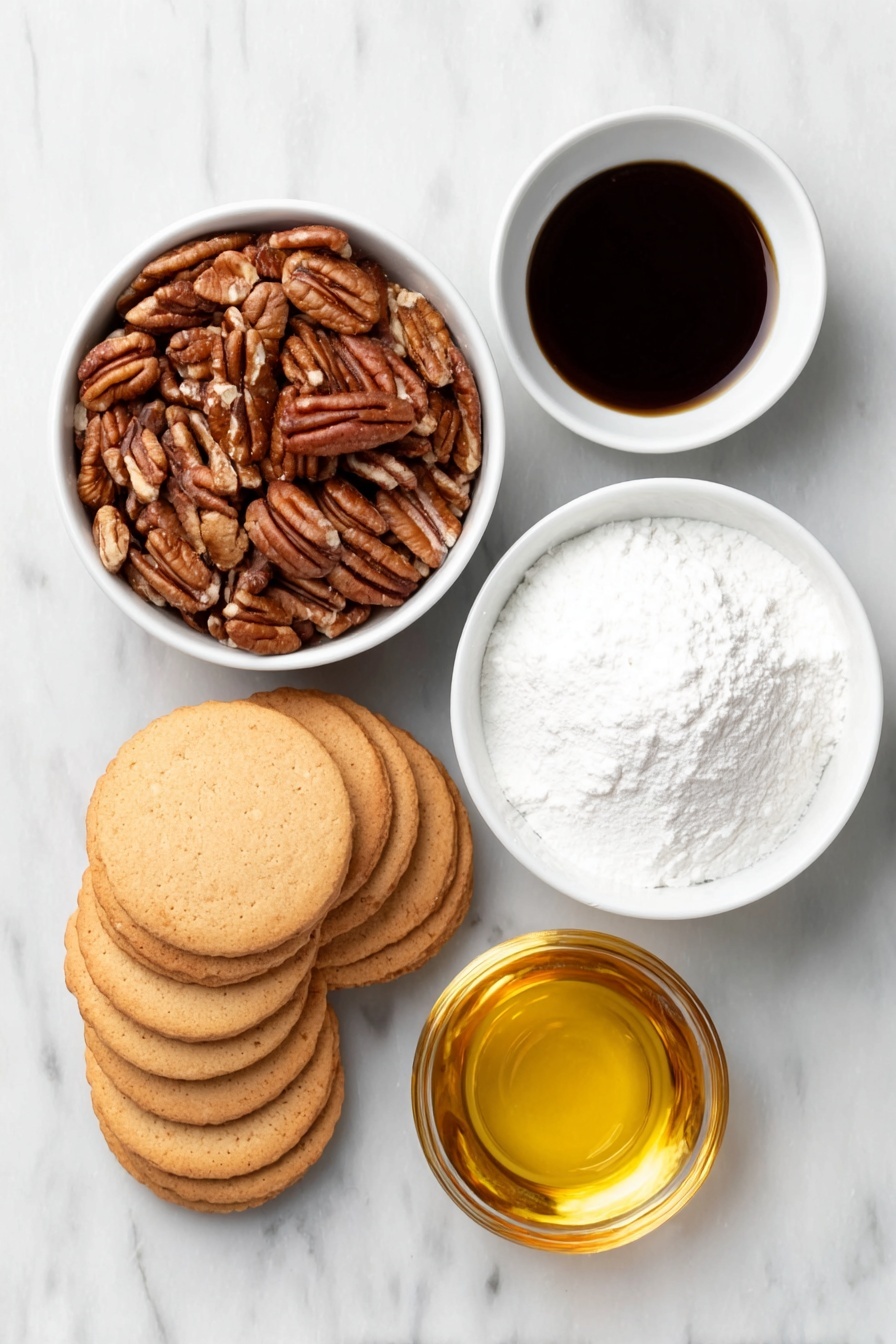 Flat lay of vanilla wafer cookies in a small pile, a white ceramic bowl filled with finely chopped toasted pecans, a small white bowl with smooth unsweetened cocoa powder, a white ceramic bowl heaped with powdered sugar, a small white bowl containing a golden light corn syrup, and another small white bowl holding clear bourbon liquid mixed with a splash of vanilla extract, all arranged symmetrically, placed on a clean white marble surface, soft natural light, photo taken with an iPhone, professional food photography style, fresh ingredients, white ceramic bowls, no bottles, no duplicates, no utensils, no packaging --ar 2:3 --v 7 --p m7354615311229779997 - Bourbon Balls, Bourbon Balls Recipe, Easy Bourbon Balls, Holiday Bourbon Treats, No-Bake Bourbon Sweets