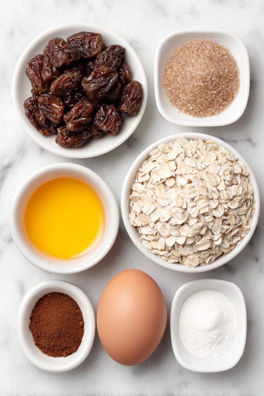 Flat lay of a small pile of chopped dried figs with visible seeds, a small white ceramic bowl of clear water, a small white ceramic bowl filled with bright orange juice, a small white ceramic bowl of thick golden maple syrup, a small heap of light brown packed brown sugar, one large whole uncracked egg with a clean shell, a neat mound of old-fashioned whole rolled oats, a small pile of whole wheat flour, a small white ceramic bowl containing melted coconut oil with a glossy surface, a small heap of light beige baking powder, a tiny pile of ground cinnamon with warm brown color, a small pinch of ground nutmeg in a rich brown shade, and a small pinch of salt, all arranged in perfect symmetry on a clean white marble surface, soft natural light, photo taken with an iPhone, professional food photography style, fresh ingredients, white ceramic bowls, no bottles, no duplicates, no utensils, no packaging --ar 2:3 --v 7 --p m7354615311229779997 - Homemade Oatmeal Fig Bars, oatmeal fig bars, homemade fig bar recipe, healthy fig snack, homemade bars with figs