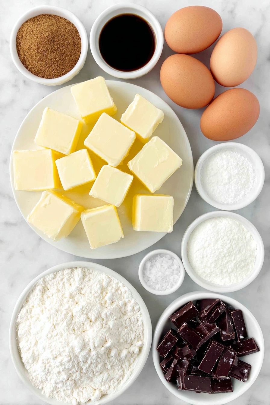 Flat lay of unsalted butter cut into small cubes on a simple white ceramic plate, a small white bowl filled with light and dark brown sugar blend, a small white bowl with white granulated sugar, two whole brown eggs with clean shells, a small white bowl holding golden vanilla extract, a neat pile of all-purpose flour on a white ceramic plate, a small white bowl with fine white cornstarch, a small white bowl containing baking powder, a small white bowl with baking soda, a small white bowl with fine sea salt, a small white bowl filled with shiny milk chocolate toffee pieces, and a few coarse sea salt crystals sprinkled artistically on a white ceramic dish, all arranged in perfect symmetry and balanced proportions, placed on a clean white marble surface, soft natural light, photo taken with an iPhone, professional food photography style, fresh ingredients, white ceramic bowls, no bottles, no duplicates, no utensils, no packaging --ar 2:3 --v 7 --p m7354615311229779997 - Brown Butter Toffee Cookies, Toffee Cookies Recipe, Chewy Toffee Cookies, Easy Brown Butter Cookies, Nutty Toffee Cookie Recipe