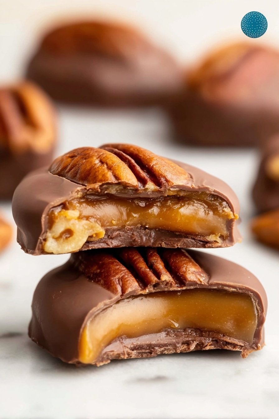 The image shows a close-up of two small chocolate-covered pecan clusters on a white marbled surface. Each cluster has three visible layers: the bottom layer is a light golden caramel, the middle layer is a rich, smooth milk chocolate with a creamy texture, and the top layer is a whole shiny pecan with a deep brown and wrinkled surface. One cluster is in the foreground, partially bitten to reveal the caramel and chocolate layers inside. The background is softly blurred with more similar clusters lightly out of focus. Photo taken with an iphone --ar 2:3 --v 7 - Easy Pretzel Rolo Turtles, salty sweet snack, quick dessert ideas, pretzel caramel candies, easy party treats
