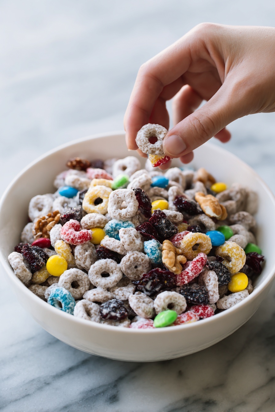 A white bowl filled with a mix of crunchy cereal loops covered in a light white coating, colorful candy pieces in red, blue, yellow, and green scattered throughout, chunky nuts, and dried dark berries spread evenly on top. A woman's hand is picking up a large portion of the mix from the bowl. The background is a white marbled surface. photo taken with an iphone --ar 2:3 --v 7 - White Chocolate Snack Mix, festive snack mix, sweet salty snack recipes, easy holiday party treats, crunchy cereal snack mix