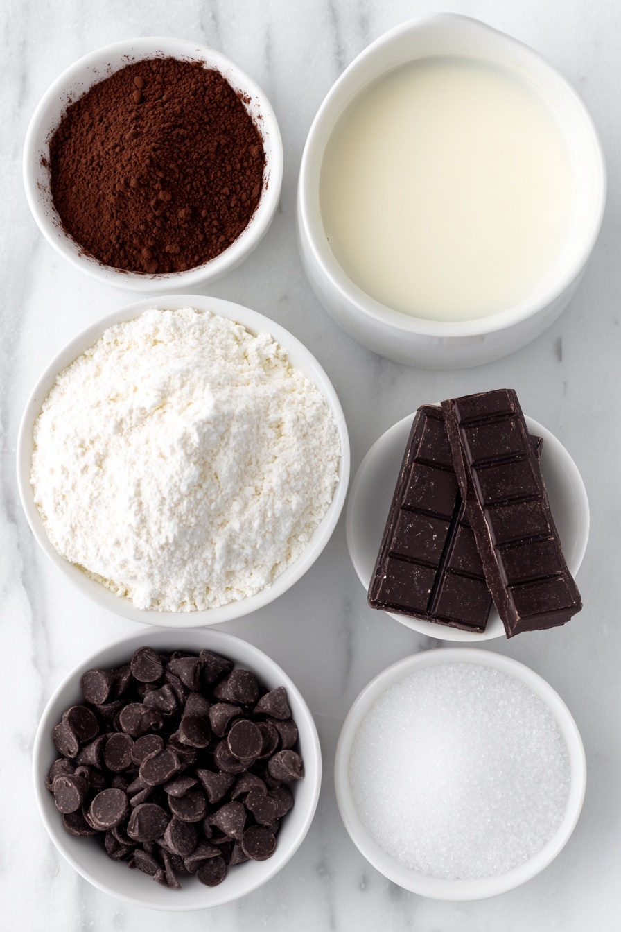 Flat lay of a small white ceramic bowl filled with fresh whole milk, a small white ceramic bowl with fine unsweetened cocoa powder, a small white ceramic bowl containing granulated white sugar, a small white ceramic bowl holding glossy bittersweet chocolate chips, and a small white ceramic bowl with a clear vanilla extract liquid, all arranged in perfect symmetry and balanced proportions, placed on a clean white marble surface, soft natural light, photo taken with an iPhone, professional food photography style, fresh ingredients, white ceramic bowls, no bottles, no duplicates, no utensils, no packaging --ar 2:3 --v 7 --p m7354615311229779997 - Homemade Hot Chocolate, Easy Hot Chocolate Recipe, Rich Hot Chocolate Drink, Cozy Hot Chocolate, Quick Hot Chocolate