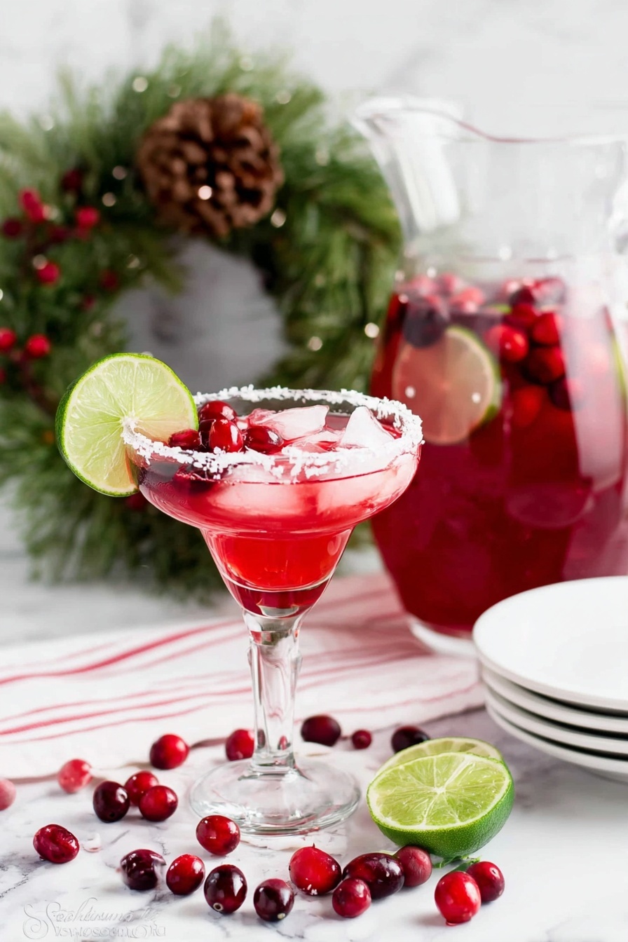 A clear tall margarita glass with a salted rim holds a bright red drink with ice cubes floating inside. On the rim, there is a slice of green lime and three small red berries. The glass sits on a white marbled surface, scattered with whole red and dark red berries. Behind the glass, a large clear glass pitcher contains the same red drink with floating lime slices and berries. A stack of plain white plates is placed next to the pitcher. To the left, there is a green pine wreath decorated with pine cones and red berries, resting on a white cloth with red stripes. Photo taken with an iphone --ar 2:3 --v 7 - Christmas Cranberry Margarita, festive holiday margarita, easy holiday cocktails, cranberry margarita recipe, Christmas party drinks