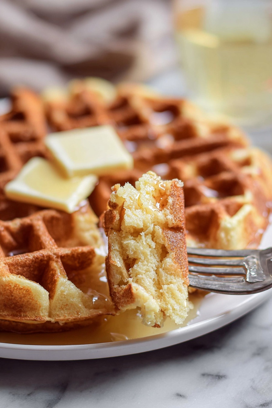 A close-up view of a golden brown waffle served on a white plate, with the waffle divided into several square sections. One section is lifted by a metal fork in the foreground, showing a soft and fluffy inside texture coated with melted butter that has a shiny, slightly sticky look. In the back, a small square piece of butter sits on top of the waffle, partially melted and glistening. The whole scene is set on a white marbled surface with a blurred background that includes a glass of light-colored liquid, creating a warm and cozy feeling. Photo taken with an iphone --ar 2:3 --v 7 - Eggnog Waffles, festive holiday waffles, easy eggnog waffle recipe, fluffy holiday breakfast waffles, Christmas eggnog waffles