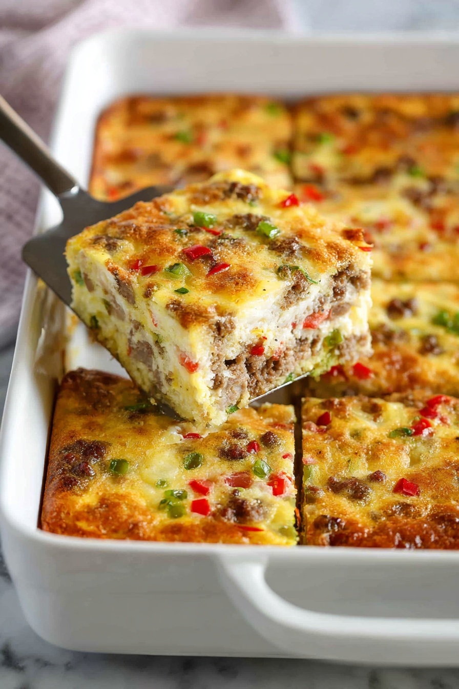 The image shows a white rectangular baking dish filled with a baked, golden brown casserole cut into square pieces. The top layer is lightly browned with visible small red and green vegetable bits and browned meat mixed inside. One square piece is being lifted out with a metal spatula, showing a thick, firm texture with evenly spread ingredients throughout. The white baking dish rests on a white marbled surface. Photo taken with an iphone --ar 2:3 --v 7 - Sausage Breakfast Bake, breakfast casserole with sausage, savory breakfast bake, easy breakfast casserole, meal prep breakfast bake
