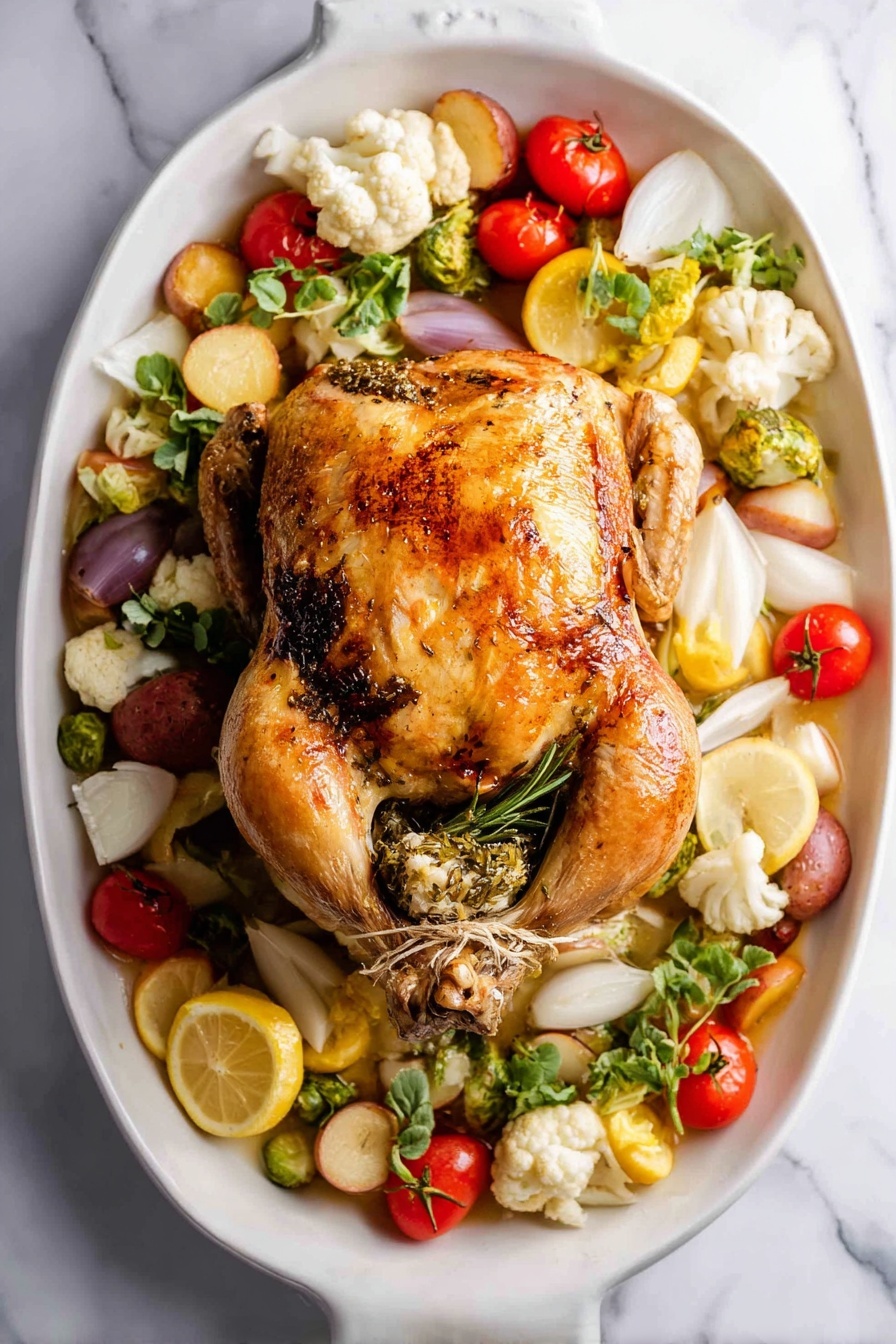 A whole roasted chicken with golden brown and crispy skin sits at the center of a large white oval plate. The chicken is stuffed with herbs and tied at the legs with string. Around the chicken, there are roasted vegetables including small red cherry tomatoes, white cauliflower florets, chopped green broccoli, sliced white onions, and halved small red and yellow potatoes. Lemon slices with bright yellow skin are placed under and beside the chicken and vegetables, adding pops of color. Some fresh green herb sprigs sit on top of the vegetables. The plate is set on a white marbled surface. Photo taken with an iphone --ar 2:3 --v 7 - Maple Butter Roast Chicken, maple glaze chicken recipe, easy roasted chicken with maple syrup, tender roast chicken with butter, flavorful chicken dinner
