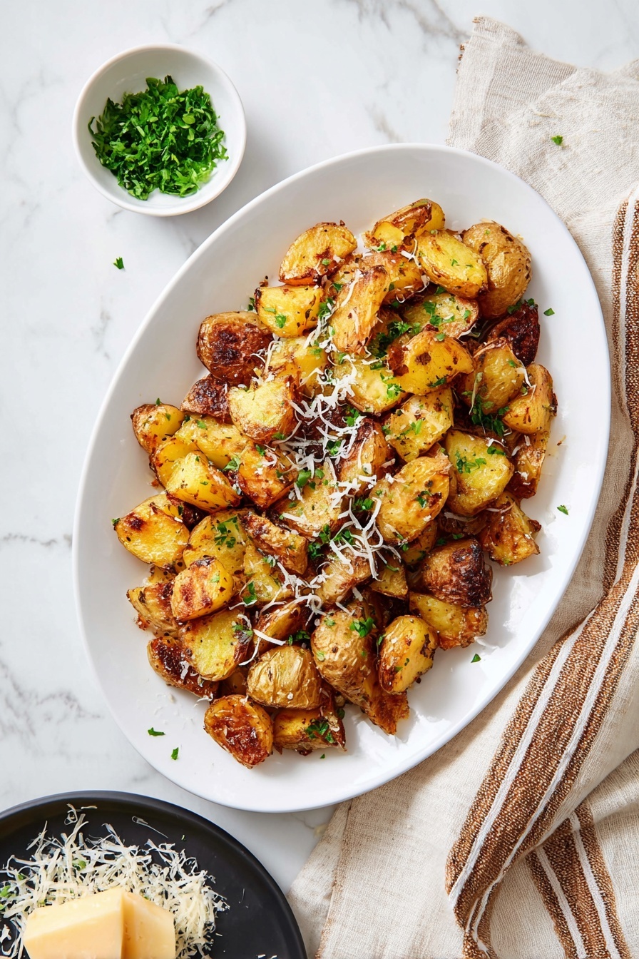 A white oval plate filled with golden roasted potato pieces that have a crispy brown outer layer and soft yellow inside, scattered green chopped herbs on top, and thin white shreds of cheese sprinkled across the potatoes. Above and beside the plate, a small white bowl holds more chopped green herbs, while a black round dish below shows a block of hard cheese with shredded pieces around it. The whole scene is set on a white marbled surface with a beige and brown striped cloth partially visible on the right. photo taken with an iphone --ar 2:3 --v 7 - Garlic Rosemary Roasted Potatoes, crispy roasted potatoes, flavorful potato side dish, easy roasted potato recipe,  garlic rosemary potato wedges