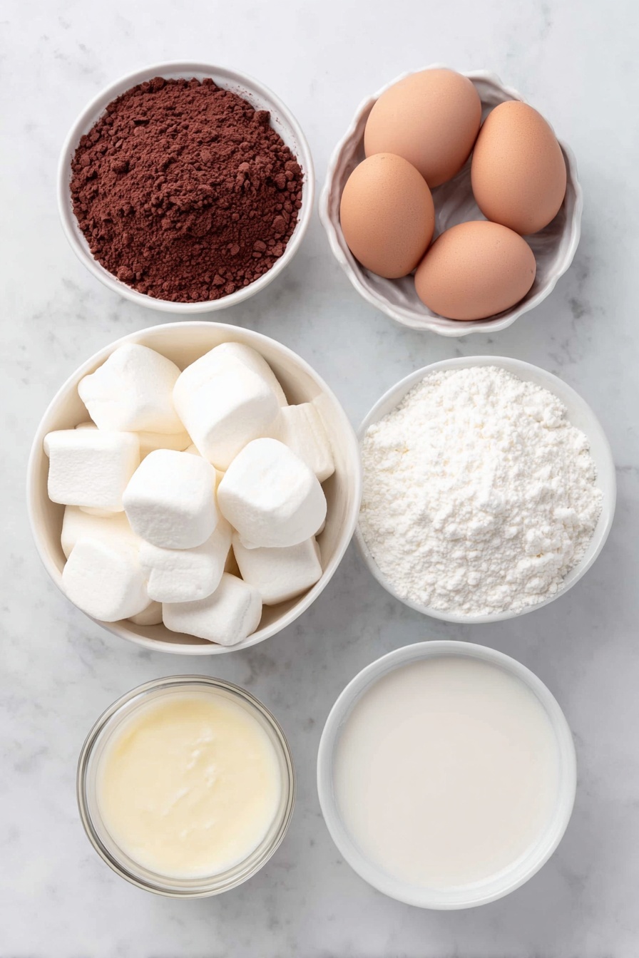Flat lay of a small white ceramic bowl of unsweetened cocoa powder, a small white ceramic bowl of smooth sweetened condensed milk, a white ceramic bowl filled with large fluffy marshmallows, four whole uncracked brown eggs, a simple white ceramic bowl holding fresh whole milk, all arranged with perfect symmetry and balanced proportions, placed on a clean white marble surface, soft natural light, photo taken with an iPhone, professional food photography style, fresh ingredients, white ceramic bowls, no bottles, no duplicates, no utensils, no packaging --ar 2:3 --v 7 --p m7354615311229779997 - Creamy Hot Chocolate with Marshmallows,Hot Chocolate with Marshmallows,Rich Hot Chocolate Recipe,Comforting Hot Chocolate Drink,Velvety Hot Chocolate