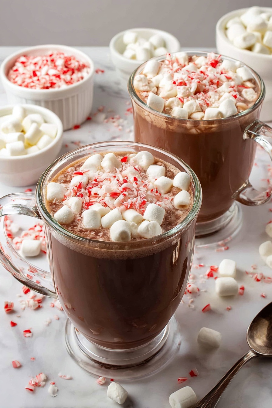 Two clear glass mugs filled with rich brown hot chocolate, each topped with a thick layer of small white marshmallows and crushed red and white peppermint pieces. The mugs have clear handles and are placed on a white marbled surface scattered with small marshmallows and crushed peppermint bits. In the background, a small white ramekin holds more peppermint pieces, and another white ramekin contains marshmallows. A silver spoon lies near the front on the right side. The overall setting is bright with soft lighting highlighting the smooth texture of the hot chocolate and the fluffy marshmallows. photo taken with an iphone --ar 2:3 --v 7 - Creamy Hot Chocolate with Marshmallows,Hot Chocolate with Marshmallows,Rich Hot Chocolate Recipe,Comforting Hot Chocolate Drink,Velvety Hot Chocolate