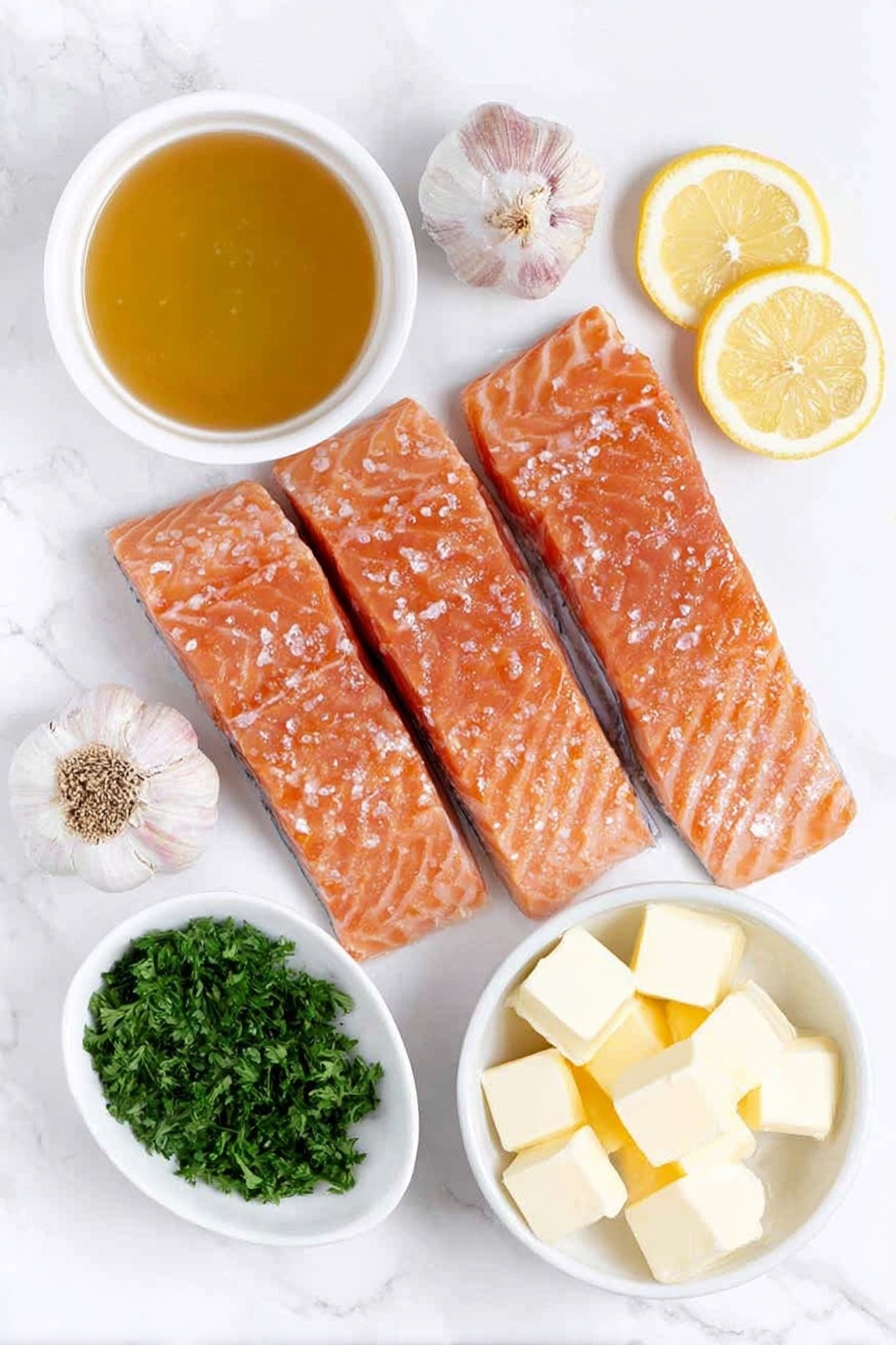 Flat lay of four fresh, pink salmon fillets, two whole brown garlic cloves, a small white bowl with golden olive oil, a small white bowl filled with clear chicken broth, a small white bowl containing bright yellow fresh lemon juice, several cubes of creamy unsalted butter arranged neatly, a small white bowl holding golden honey, a small bunch of vibrant green minced fresh parsley, and a few thin, fresh lemon slices all placed on a clean white marble surface, soft natural light, photo taken with an iPhone, professional food photography style, fresh ingredients, white ceramic bowls, no bottles, no duplicates, no utensils, no packaging --ar 2:3 --v 7 --p m7354615311229779997 - Garlic Lemon Butter Salmon, Salmon dinner ideas, easy salmon recipes, quick seafood dinner, elegant weeknight meals