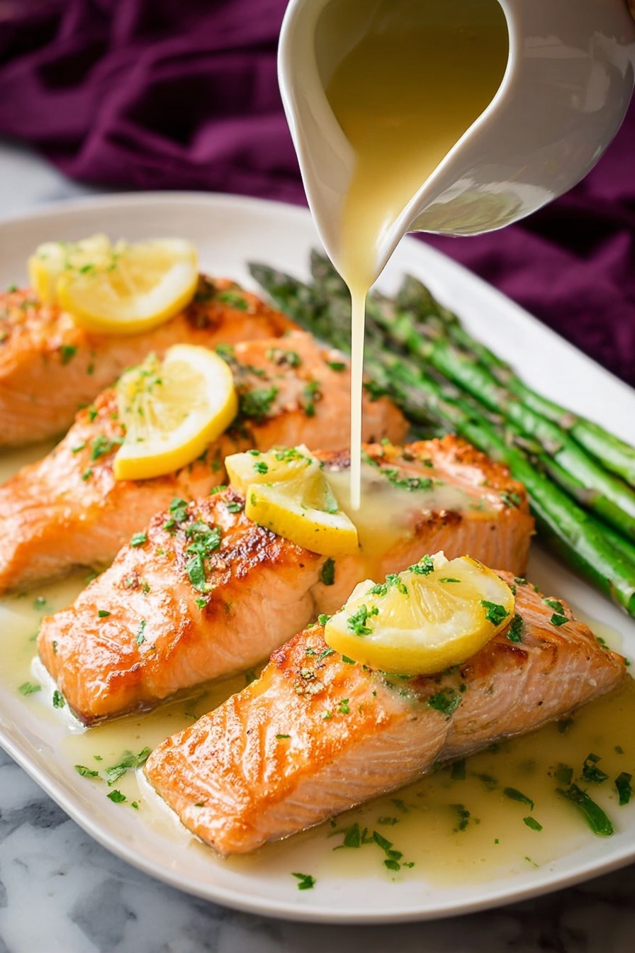 The image shows four pieces of cooked salmon with a golden-orange color and a slightly crispy texture on the top, arranged on a white plate. Each salmon piece is topped with small yellow lemon wedges and sprinkled with finely chopped green herbs. Light yellow sauce is being poured gently from a white jug over the salmon, adding a glossy shine. On the right side of the plate, a few green asparagus stalks are placed neatly. The plate sits on a white marbled surface with a blurry deep purple cloth in the background. photo taken with an iphone --ar 2:3 --v 7 - Garlic Lemon Butter Salmon, Salmon dinner ideas, easy salmon recipes, quick seafood dinner, elegant weeknight meals