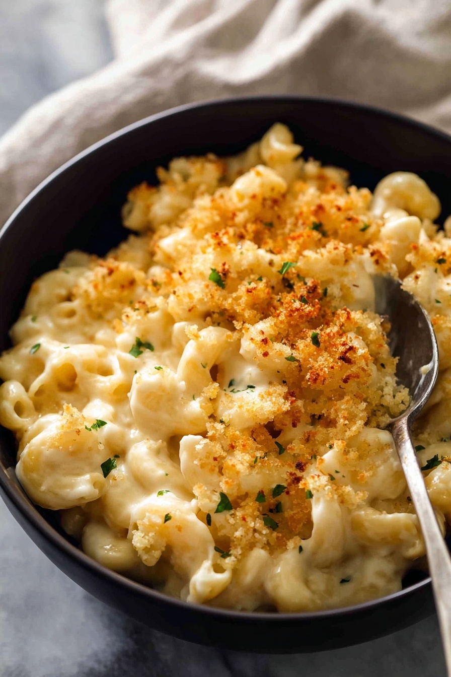 A close-up of creamy macaroni and cheese in a black bowl shows small elbow pasta covered with a smooth, light yellow cheese sauce. The top layer is golden-brown toasted breadcrumbs sprinkled with tiny green herb bits, adding texture and color contrast. A silver spoon is partly inside the bowl on the right side, sinking into the cheesy pasta. The bowl sits on a white marbled surface with a soft, light-colored cloth blurred in the background. photo taken with an iphone --ar 2:3 --v 7 - Creamy Baked Mac and Cheese, baked mac and cheese, cheesy baked pasta, homemade mac and cheese, comfort food recipes