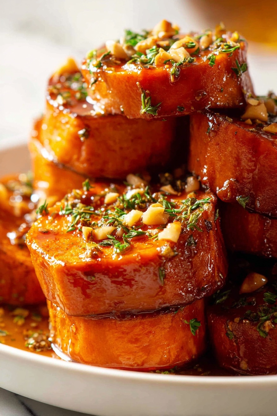 The image shows several thick, round slices of cooked sweet potato stacked on top of each other on a white plate. Each slice has a bright orange interior with a soft texture and slight caramelized edges in a deeper brown tone. The top of the stack is covered with a glossy sauce that shines in the light, and small pieces of chopped nuts and herbs are sprinkled generously over the sweet potatoes, adding a crunchy texture and green touches. The background is blurred with warm light, and the surface where the plate sits is a white marbled texture. photo taken with an iphone --ar 2:3 --v 7 - Slow-Roasted Sweet Potatoes with Maple Pecan Sauce, sweet potato side dish, maple pecan sauce recipe, caramelized sweet potatoes, holiday side recipes