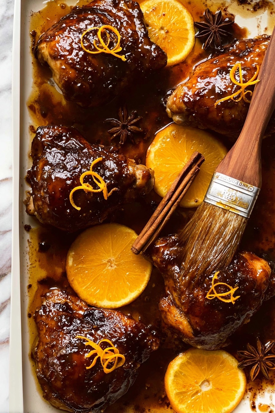 The image shows a close-up of shiny, dark brown glazed chicken thighs arranged closely together on a white marbled surface. Each piece of chicken has a glossy, sticky texture with caramelized edges. Orange slices and thin strips of orange zest are placed around and on top of the chicken pieces, adding bright pops of orange color that contrast with the deep reddish-brown of the meat. The overall look is rich and appetizing, showing a balance of smooth, sticky glaze and fresh citrus elements. photo taken with an iphone --ar 2:3 --v 7 - Sticky Orange Glazed Christmas Chicken, orange glazed holiday chicken, festive chicken recipes, easy Christmas main dish, flavorful holiday chicken