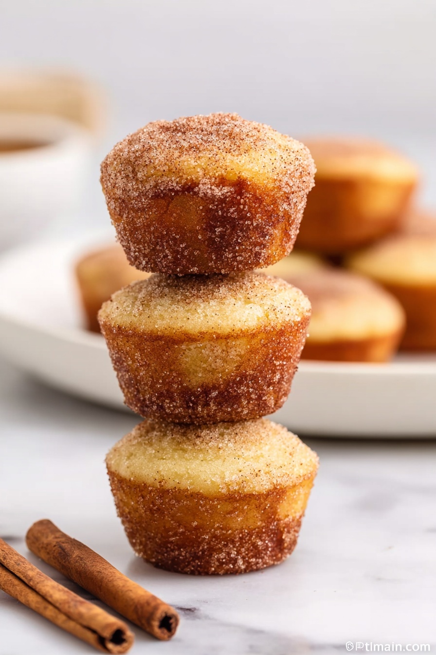 The image shows a stack of three small muffins coated with cinnamon sugar. Each muffin has a golden brown bottom layer with a slightly rough texture and a lighter golden top layer with a smoother texture. The muffins are placed vertically on a white marbled surface. To the left of the stack, there are three cinnamon sticks lying flat. In the background, a white plate holds more muffins that are out of focus. The setting is bright with soft natural light. Photo taken with an iphone --ar 2:3 --v 7 - Cinnamon Sugar Mini Donut Muffins, easy donut muffin recipe, quick breakfast muffins, cinnamon sugar baked treats, bite-sized cinnamon muffins