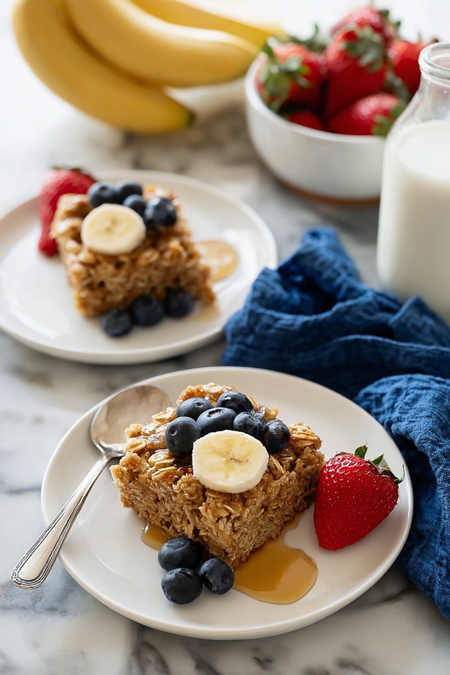 The image shows two white plates each with a square piece of oatmeal bake topped with three banana slices and three blueberries. There is a whole red strawberry placed on each plate near the oatmeal bake, and syrup is drizzled over and around the oatmeal. A silver spoon rests on the edge of the front plate. In the background, a bunch of bananas and a shallow white bowl filled with strawberries sit on a white marbled surface with a blue cloth nearby. A glass bottle filled with milk is also visible. The lighting is natural and bright, creating a fresh and inviting look. photo taken with an iphone --ar 2:3 --v 7 - Amish Baked Oatmeal, baked oatmeal recipe, cozy breakfast ideas, healthy breakfast recipes, easy oatmeal bake