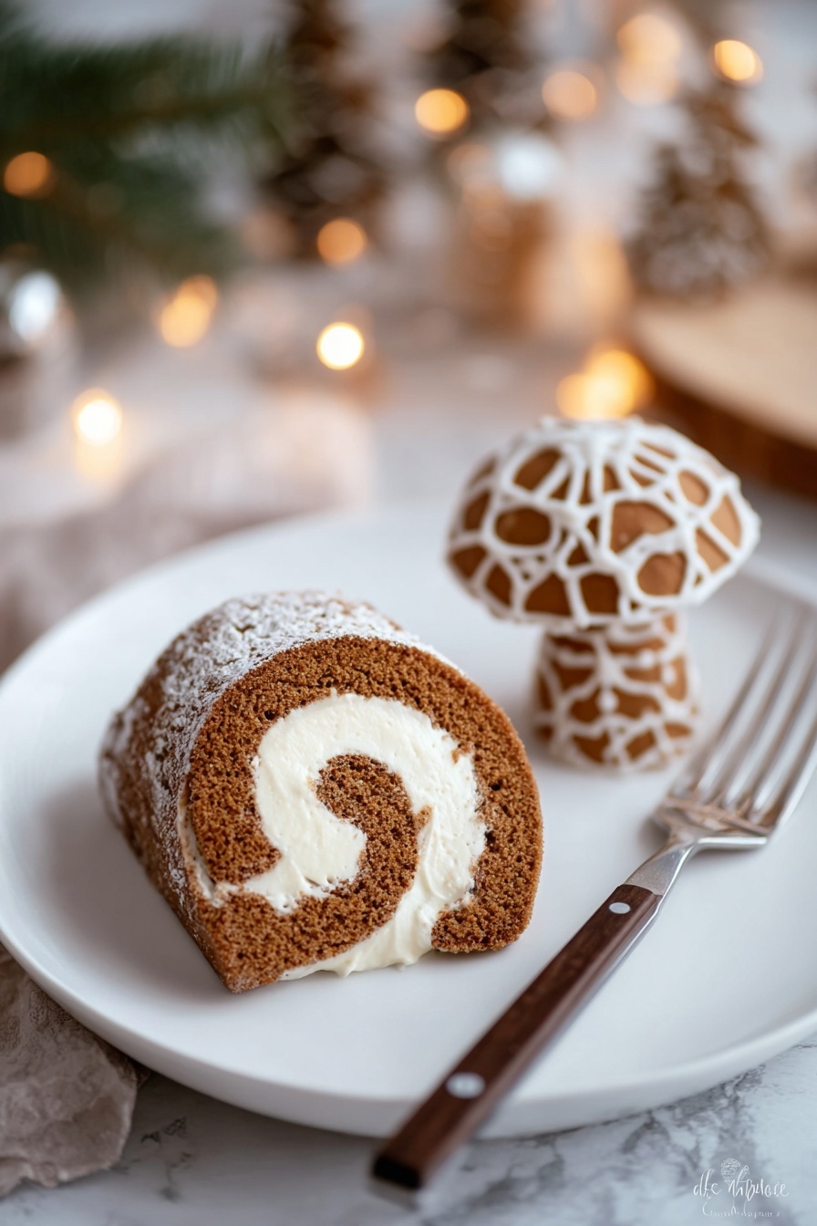 A white plate holds a single slice of brown rolled cake with a white cream swirl inside, showing three clear layers of cake and cream. Next to the cake slice stands a small mushroom-shaped cookie decorated with white icing that has holes, giving a lacy look. A silver fork with a dark wood handle rests behind the cake slice on the plate. The background is a white marbled surface, softly lit with warm string lights that add a cozy glow and blurry festive decor. Photo taken with an iphone --ar 2:3 --v 7 - Gingerbread Cake Roll with Cream Cheese Filling, holiday gingerbread cake, festive dessert recipes, easy gingerbread roll, spiced holiday cake