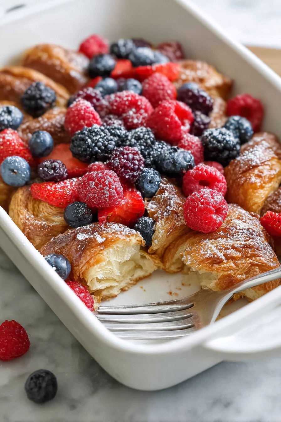 The image shows a white rectangular dish filled with layered golden-brown croissant pieces at the bottom, topped with a mix of fresh berries including red raspberries, strawberries, blueberries, and blackberries. The croissants have a flaky texture and are partially covered with a light dusting of powdered sugar. A fork rests on the edge of the dish, positioned on the right side, and a few berries are scattered around the croissant pieces near the fork. The dish is set on a white marbled surface. Photo taken with an iphone --ar 2:3 --v 7 - Blueberry Croissant French Toast Casserole, blueberry breakfast casserole, easy French toast bake, brunch casserole with blueberries, make-ahead morning bake