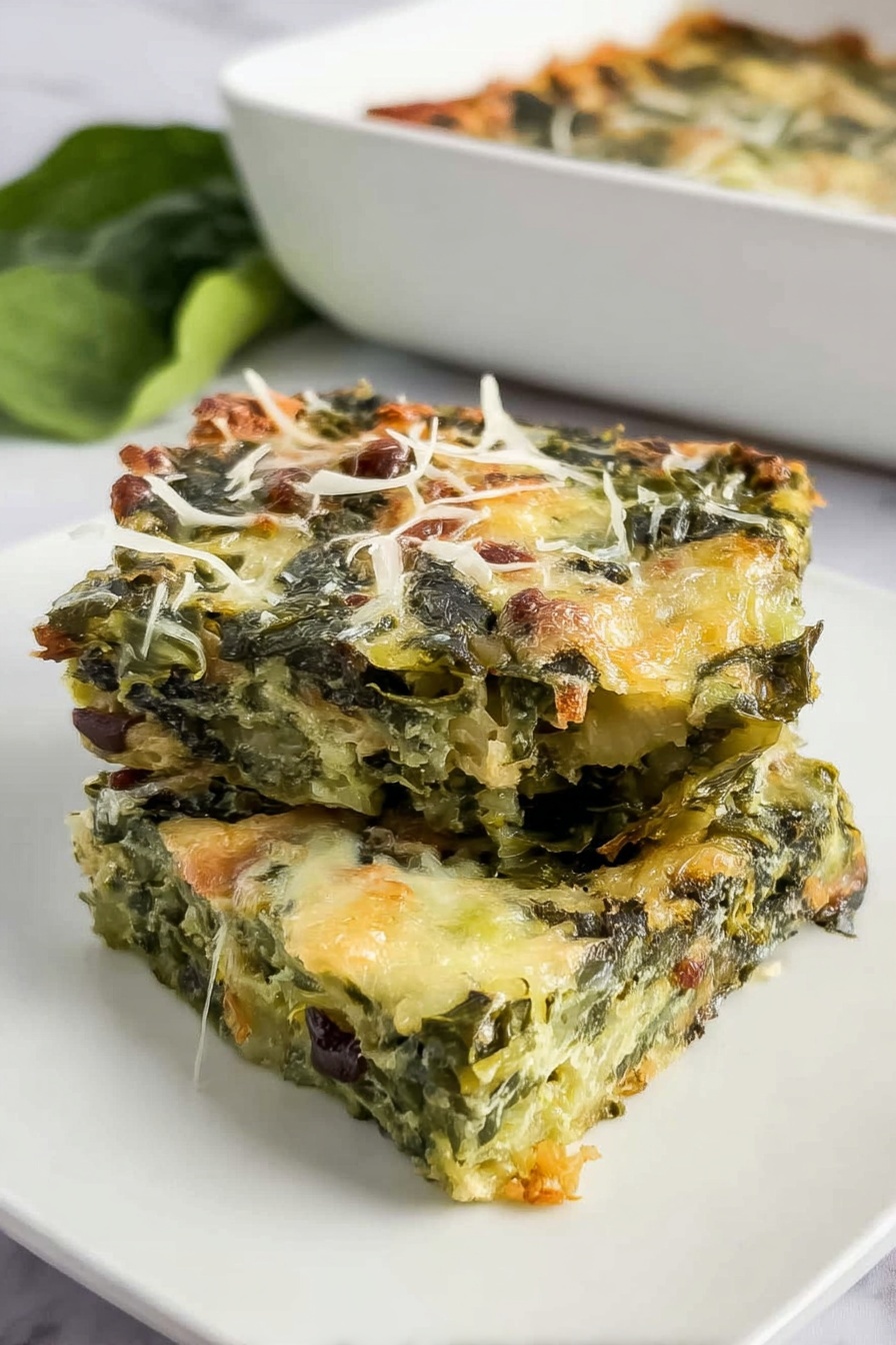 Two thick squares of green vegetable bake are on a white plate, stacked slightly with one piece leaning on the other. The bake shows layers of cooked leafy greens mixed with melted cheese that has formed a lightly browned top layer with some scattered cheese shreds. The texture looks soft and dense with bits of darker greens and small brown spots from baking. In the background, there is a hint of fresh green leaves and a white rectangular baking dish on a white marbled surface. photo taken with an iphone --ar 2:3 --v 7 - Spinach Mushroom Breakfast Casserole, healthy breakfast casserole, vegetarian breakfast recipes, easy brunch casserole, veggie egg bake