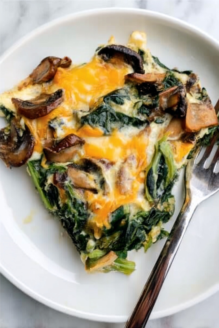 A serving of a baked dish is placed on a white plate on a white marbled surface. The dish has three visible layers: the bottom layer is a creamy white sauce mixed with wilted dark green spinach leaves, the middle layer contains sliced mushrooms that are brown with some darker spots, and on top, there is melted orange and white cheese spread unevenly, blending with the greens and mushrooms. A silver fork rests on the edge of the plate, with its handle pointing outward. Photo taken with an iphone --ar 2:3 --v 7 - Spinach Mushroom Breakfast Casserole, healthy breakfast casserole, vegetarian breakfast recipes, easy brunch casserole, veggie egg bake