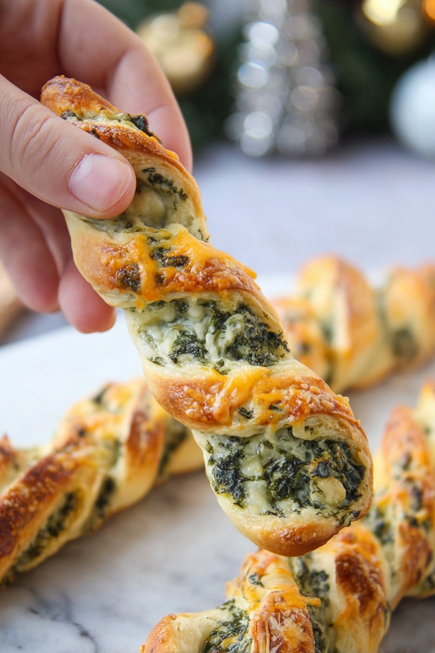 A close-up shows a woman's hand holding a twisted breadstick with two main layers: a golden brown baked dough layer wrapped around a green spinach and cheese filling that appears creamy and textured, with specks of melted yellow cheese on top. In the background, more twisted breadsticks lay together on a white marbled surface, showing the same twisted golden and green pattern. The setting includes blurred festive decorations in soft focus. photo taken with an iphone --ar 2:3 --v 7 - Christmas Tree Spinach Dip Breadsticks, festive spinach dip breadsticks, holiday appetizer ideas, cheesy holiday breadsticks, Christmas party snacks