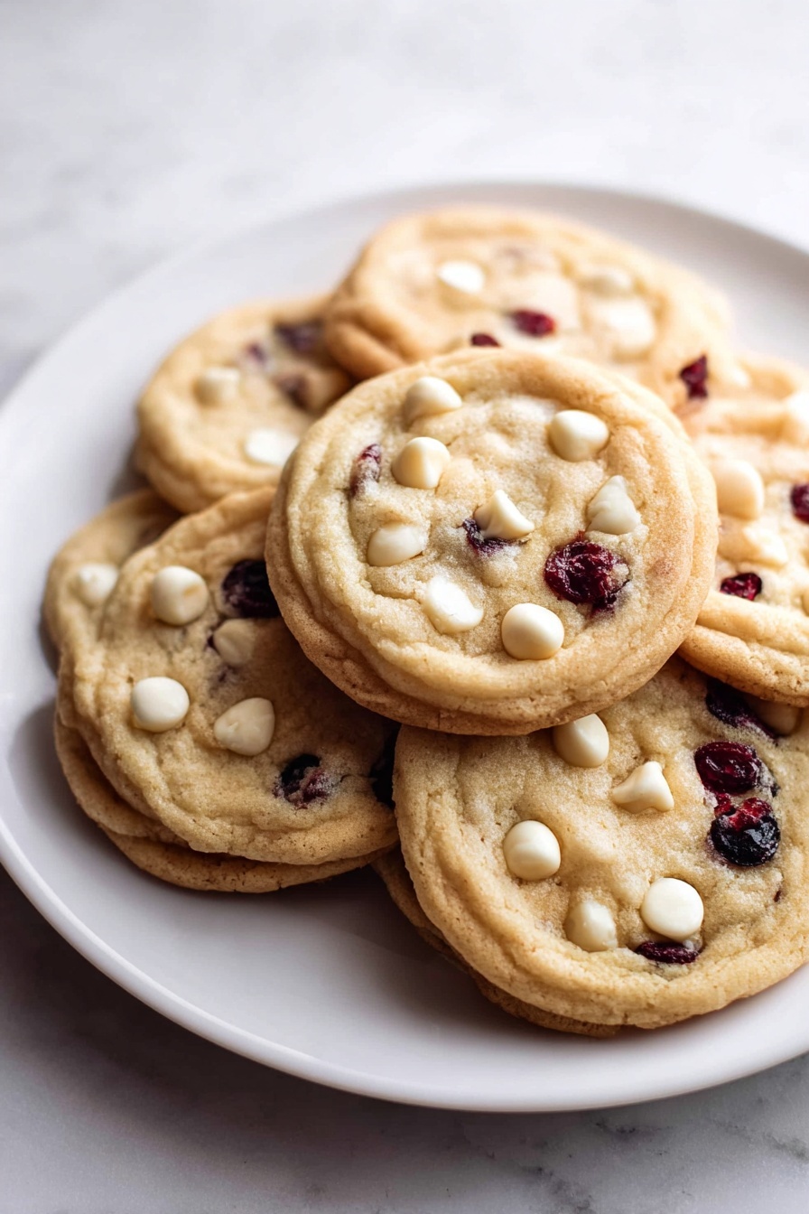 A white plate is piled with about seven round cookies, each about two layers thick. The top layer of the cookies is light golden-brown with a soft and slightly wrinkled texture. Scattered on the surface are white chocolate chips and dark dried cranberries, giving contrast with white and deep red spots on the cookie. The edges of the cookies are slightly darker golden brown and look firmer than the softer inner part. The plate sits on a white marbled surface. photo taken with an iphone --ar 2:3 --v 7 - White Chocolate Cranberry Cookies, Cranberry White Chocolate Cookies, Easy Holiday Cookies, Chewy Cranberry Cookies, White Chocolate Dessert Recipes