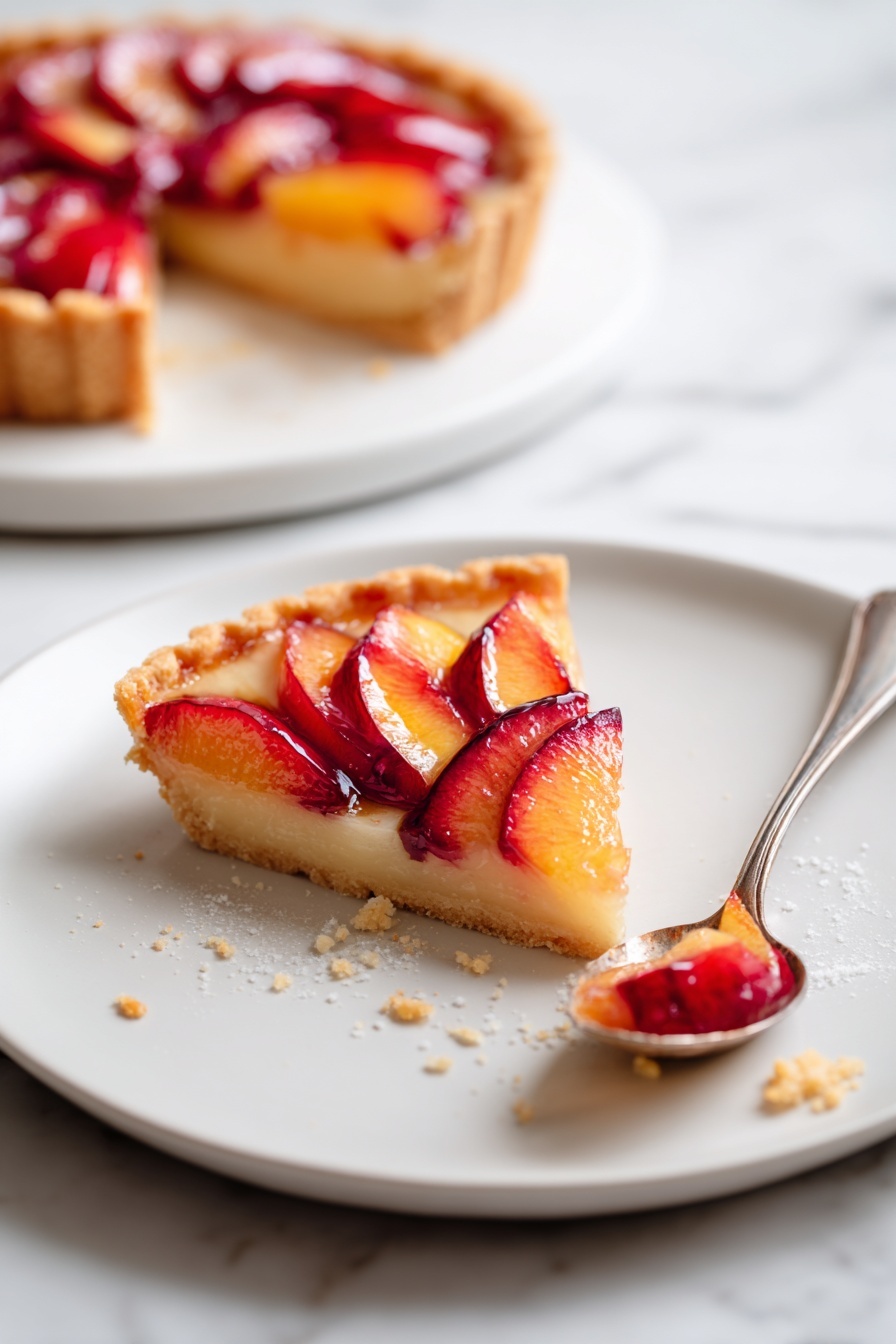A single slice of fruit tart sits on a white plate with a smooth texture. The tart has two layers: the bottom crust is golden brown, crumbly, and slightly thick, holding a light filling above it. On top, there is a neat layer of thinly sliced red and orange fruit with a shiny, caramelized surface. The slice is partly eaten, with crumbs scattered on the plate, and a silver spoon lies nearby with a small piece of tart on it. In the background, there is the edge of the whole tart on another white plate, and the surface underneath is a white marbled texture. Photo taken with an iphone --ar 2:3 --v 7 - German Plum Tart, German Plum Tart Recipe, Fruit Tart with Plums, Summer Fruit Tart, Easy German Tart