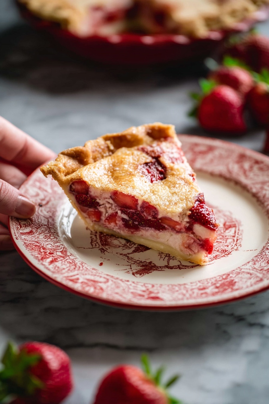A single slice of pie is placed on a white plate with a red decorative pattern around the edges. The slice has three visible layers: the bottom is a light golden crust, the middle is filled with red strawberry pieces mixed with a creamy, slightly pink filling, and the top layer is a golden-brown crust with a lightly baked texture. Around the plate, there are whole fresh strawberries, and in the background, a woman's hand is holding part of the whole pie. The surface under the plate is white marble. Photo taken with an iphone --ar 2:3 --v 7 - Strawberry Kuchen with Creamy Custard, German strawberry dessert, fruit custard tart, berry cake recipe, baked strawberry dessert