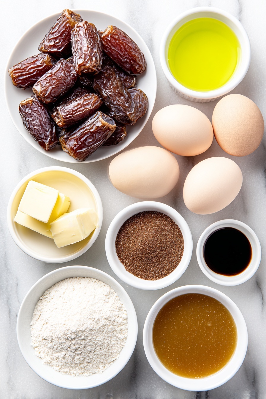 Flat lay of a small pile of roughly chopped pitted medjool dates, a small white bowl of boiling water with steam rising, a small mound of dark brown sugar, a few pats of unsalted butter softened at room temperature, two large whole uncracked eggs with clean shells, a small white bowl of neutral oil, a small white bowl of thick black treacle, a small white bowl of pure vanilla extract, a small pile of all-purpose flour, a small pinch of baking powder, a small pinch of salt, and a small white ceramic bowl of golden homemade English toffee sauce, arranged with perfect symmetry on a clean white marble surface, soft natural light, photo taken with an iPhone, professional food photography style, fresh ingredients, white ceramic bowls, no bottles, no duplicates, no utensils, no packaging --ar 2:3 --v 7 --p m7354615311229779997 - Sticky Toffee Pudding with Toffee Sauce, comforting dessert recipes, easy toffee pudding, moist date pudding, homemade toffee sauce