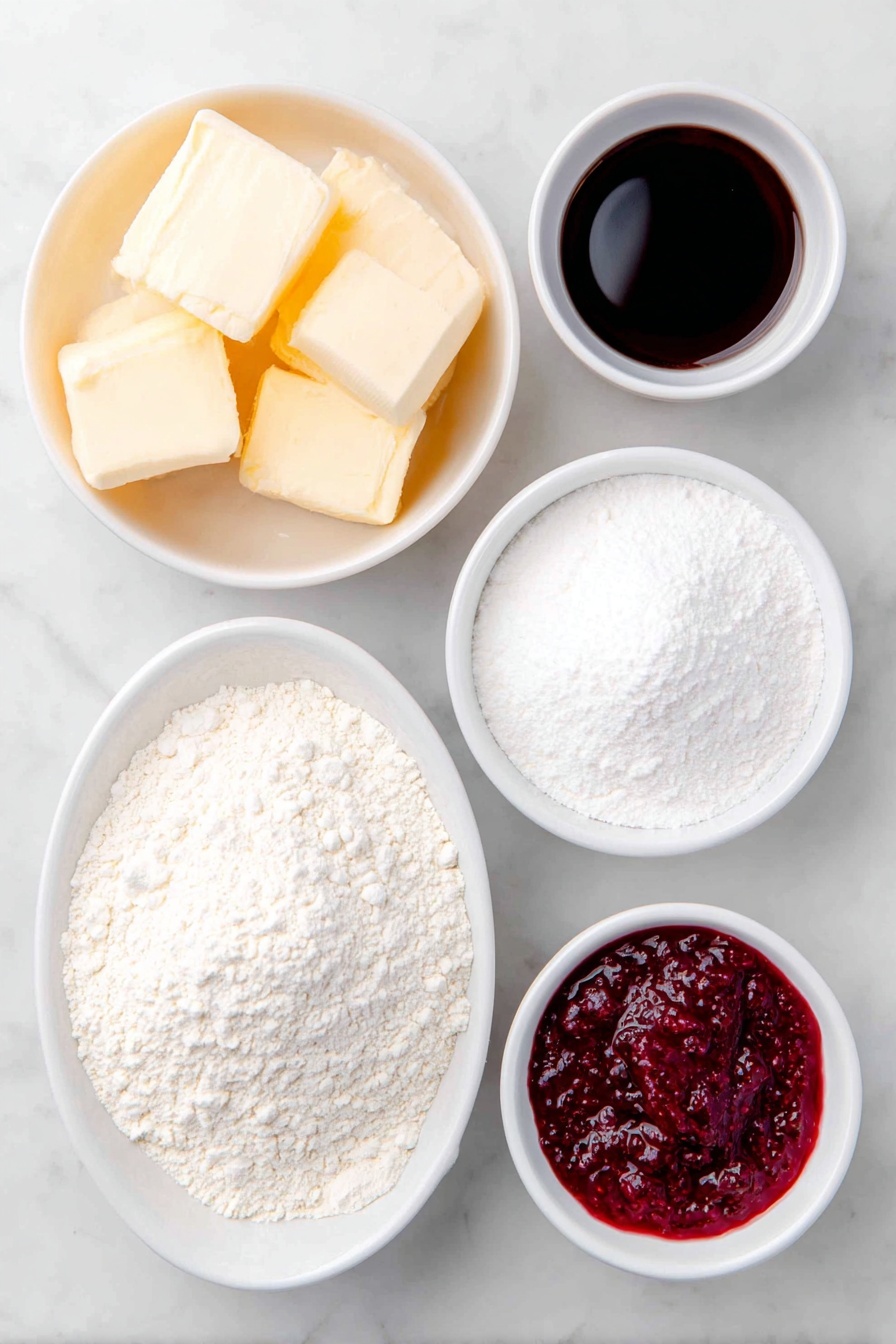 Flat lay of a few large chunks of pale yellow softened butter, a small white ceramic bowl filled with fine white icing sugar, a small white ceramic bowl holding a mound of plain white flour, a small white ceramic bowl containing fine white corn flour (corn starch), a small white ceramic bowl with smooth vanilla extract liquid, and a small white ceramic bowl filled with vibrant red seedless raspberry jam, all arranged symmetrically and naturally on a clean white marble surface, soft natural light, photo taken with an iPhone, professional food photography style, fresh ingredients, white ceramic bowls, no bottles, no duplicates, no utensils, no packaging --ar 2:3 --v 7 --p m7354615311229779997 - Delicious Viennese Whirls Cookies, Viennese Whirls recipe, buttery cookies, British cookies, jam and vanilla buttercream cookies