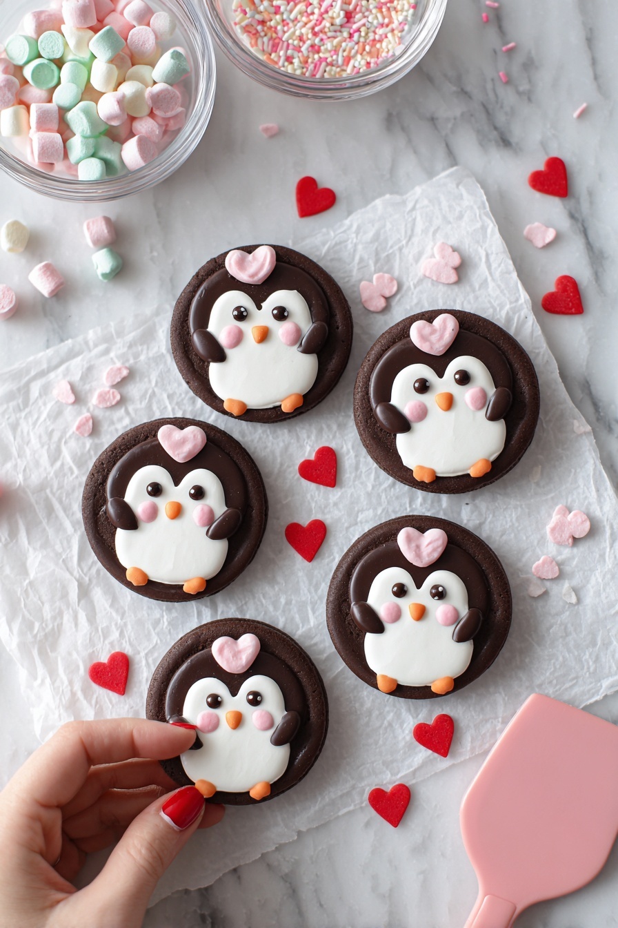 A round, dark brown chocolate cookie base is held by a woman's hand with red nail polish, with a second identical cookie showing a cute penguin design in the background. The penguin features three layers: the first is a smooth white area shaped like the penguin’s body, sparkling with sugar crystals. The second layer includes dark brown wings placed on each side of the body. The third layer has small details: two black circular eyes, a pink heart-shaped blush on each cheek, a pale orange beak near the center, and two matching pale orange feet at the bottom. The whole scene is set on a soft white marbled surface with some blurred cookies and a pink cup with a red heart in the background. Photo taken with an iphone --ar 2:3 --v 7 - Penguin Cookie with Buttercream Frosting, penguin cookie recipe, chocolate cookies, holiday cookie ideas, cute winter desserts