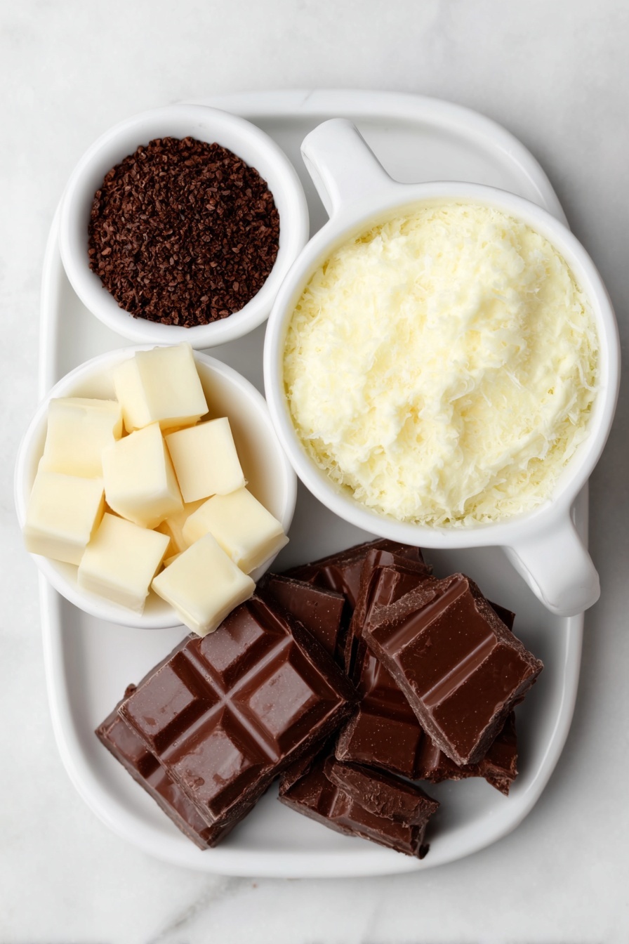 Flat lay of a small white ceramic bowl filled with thickened cream, finely chopped pieces of dark cooking chocolate scattered next to a small white ceramic bowl holding fine instant coffee granules, and irregular chunks of milk cooking chocolate arranged neatly on a simple white ceramic plate, placed on a clean white marble surface, soft natural light, photo taken with an iPhone, professional food photography style, fresh ingredients, white ceramic bowls, no bottles, no duplicates, no utensils, no packaging --ar 2:3 --v 7 --p m7354615311229779997 - Coffee Chocolate Truffles, Coffee Chocolate Dessert Recipe, Handmade Coffee Chocolates, Easy No-Bake Truffle Recipe, Gourmet Coffee Chocolate Treats
