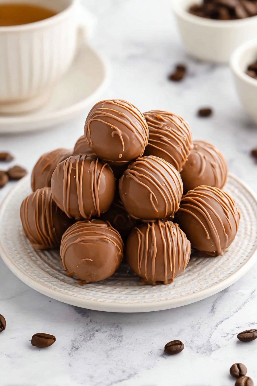 A white round plate with a textured rim holds a neat pile of shiny, smooth milk chocolate balls. Each chocolate ball is coated with thin, light brown lines drizzled across their surface in a wavy pattern. Scattered around the plate and surface are a few dark brown coffee beans, enhancing the look. The plate is placed on a white marbled surface, creating a soft, clean background that makes the chocolates stand out. The overall image shows a close-up view with a soft focus on the chocolates and a blurred context of small bowls in the background photo taken with an iphone --ar 2:3 --v 7 - Coffee Chocolate Truffles, Coffee Chocolate Dessert Recipe, Handmade Coffee Chocolates, Easy No-Bake Truffle Recipe, Gourmet Coffee Chocolate Treats