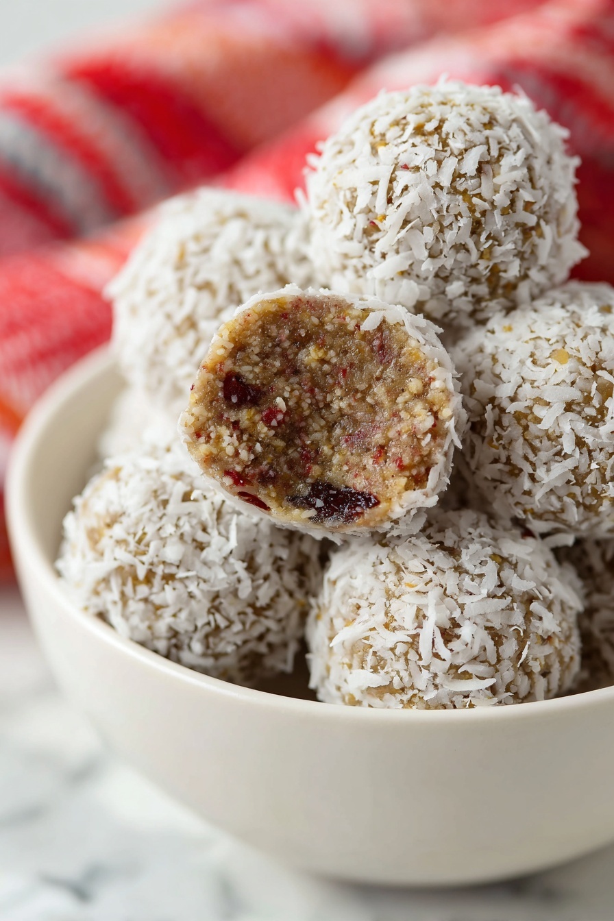 A close-up view of round dessert balls stacked inside a white bowl, each ball covered with a layer of white shredded coconut flakes, giving a rough texture on the outside. One ball is broken in half and shows a dense inside layer with a brown color mixed with visible tiny bits of red and light tan ingredients. The balls contrast against a soft white marbled surface in the background, with a red and white cloth slightly blurred behind the bowl. Photo taken with an iphone --ar 2:3 --v 7 - Healthy Date Energy Balls, healthy energy bites, no-bake energy snacks, natural protein snacks, quick healthy treat