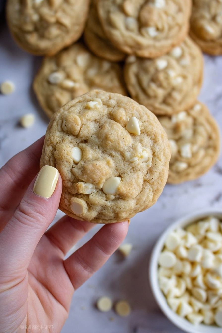 A woman's hand with pale yellow nail polish holds a light brown cookie filled with white chocolate chips, showing a textured and slightly cracked top layer with embedded white chips. Below and behind the cookie are multiple similar cookies arranged loosely on a white marbled surface, with a small white bowl on the right filled with white chocolate chips. Some loose white chocolate chips are scattered around the cookies, adding detail to the scene. The image has a soft-focused background emphasizing the held cookie in the forefront. photo taken with an iphone --ar 2:3 --v 7 - White Chocolate Macadamia Cookies, white chocolate chip cookies, macadamia nut cookies, easy cookie recipes, buttery nutty cookies