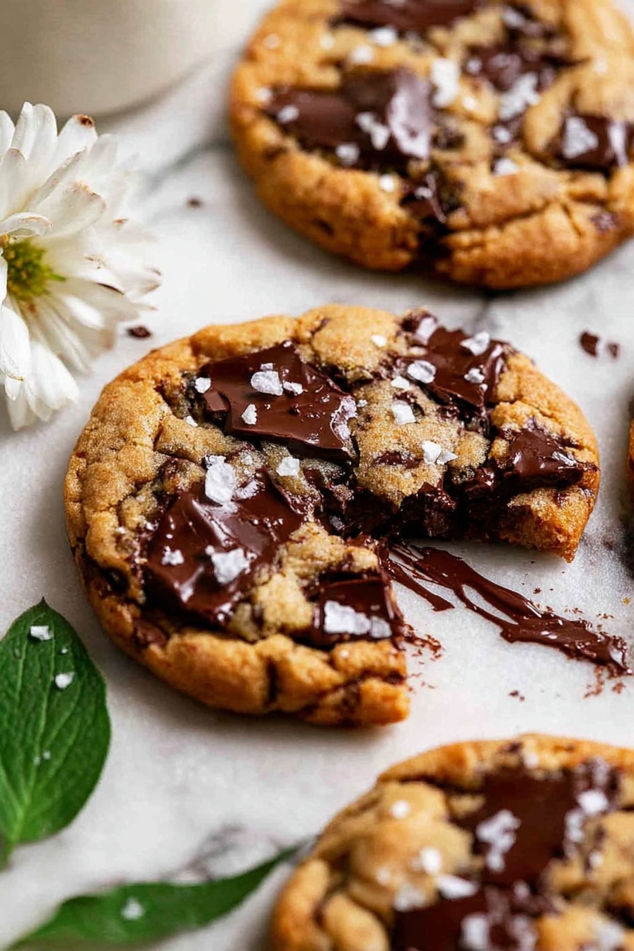 Three warm chocolate chunk cookies are placed on a white marbled surface in a close-up view. The cookies have a golden brown color with large, dark melted chocolate pieces unevenly spread across the top, one cookie is broken in half showing gooey chocolate inside. Small flakes of white salt are scattered on top giving a slight shine. A green leaf and a white flower rest near the cookies adding a natural touch. The focus is sharp on the closest cookie with a soft blur on others in the background, showing texture and detail in the dough and chocolate. photo taken with an iphone --ar 2:3 --v 7 - Brown Butter Oatmeal Chocolate Chip Cookies, oatmeal chocolate chip cookie recipe, easy homemade cookies, chewy oatmeal cookies, brown butter cookie recipe