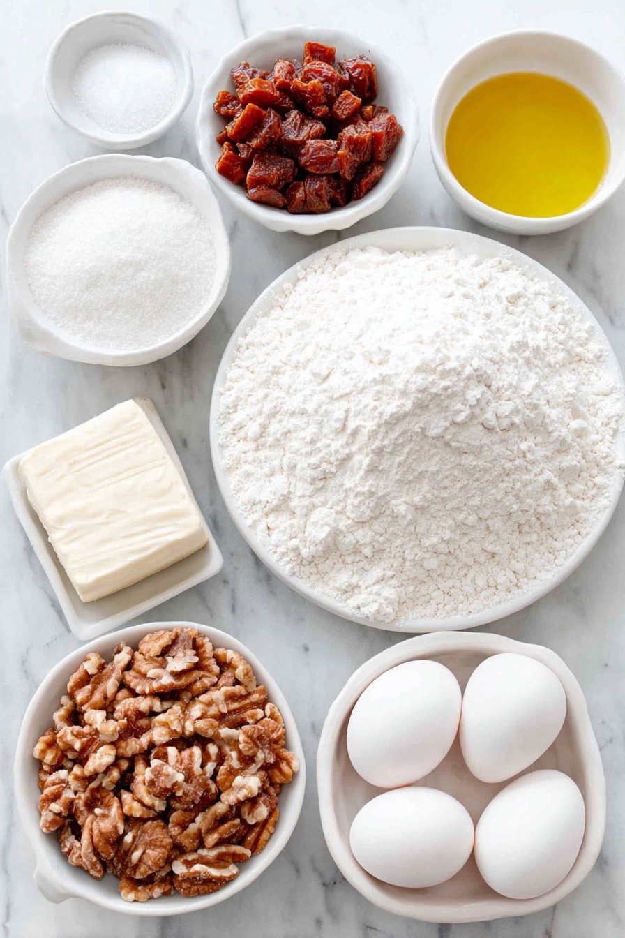 Flat lay of a small mound of all-purpose flour, two teaspoons of baking powder in a small white ceramic bowl, a small white bowl with salt, a small white bowl containing boiling water, a small white bowl filled with diced Medjool dates, a small white bowl with baking soda, a small white bowl with extra virgin olive oil, a small white bowl holding light brown sugar, three whole large eggs with clean shells, a small white bowl with pure vanilla extract, a small white ceramic bowl filled with chopped walnuts placed on a clean white marble surface, soft natural light, photo taken with an iPhone, professional food photography style, fresh ingredients, white ceramic bowls, no bottles, no duplicates, no utensils, no packaging --ar 2:3 --v 7 --p m7354615311229779997 - Date Nut Bread, moist date nut bread, homemade date bread, healthy date nut loaf, easy date bread recipe
