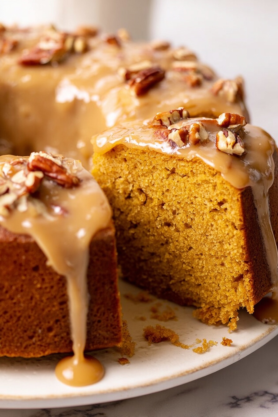 The image shows a close-up of a thick round cake with one large slice pulled out to reveal its moist, dense, golden-brown interior. The cake is covered with a smooth, light brown glaze that drips down the sides, adding a shiny texture. Small pieces of pecans are scattered on top of the glaze and around the base of the cake. The cake sits on a white plate over a white marbled surface. photo taken with an iphone --ar 2:3 --v 7 - Sweet Potato Pound Cake, Sweet Potato Pound Cake with Brown Butter Glaze, Moist Sweet Potato Cake, Fall Dessert Recipes, Easy Pound Cake Recipes