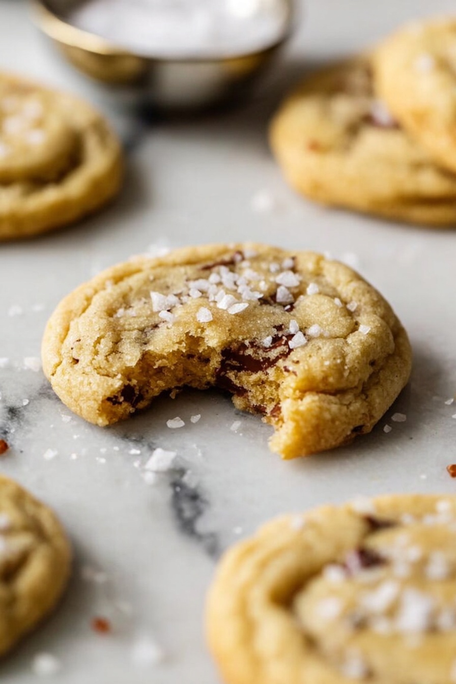 A close-up image of a single light golden brown cookie with a soft, slightly crumbly texture and small chocolate bits inside, with a bite taken out showing the inside, placed on a white marbled surface; around it are more whole cookies of the same type, and a small silver bowl with coarse salt in the background, slightly out of focus, with some flakes of salt sprinkled on the cookie and the surface; the overall look is warm, inviting, and cozy, photo taken with an iphone --ar 2:3 --v 7 - Brown Butter Toffee Cookies, Toffee Cookies Recipe, Chewy Toffee Cookies, Easy Brown Butter Cookies, Nutty Toffee Cookie Recipe