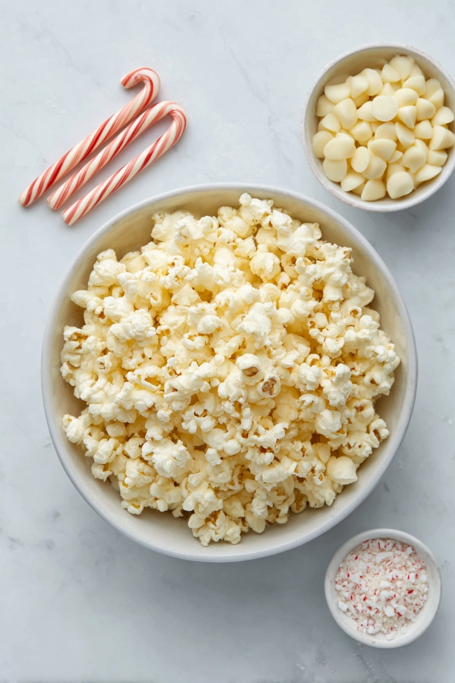 Flat lay of a large simple white ceramic bowl filled with fresh popped popcorn, a few whole peppermint striped candy canes arranged neatly beside it, a small white ceramic bowl holding smooth white chocolate chips, and another small white ceramic bowl with finely crushed peppermint candy cane pieces, all placed on a clean white marble surface, soft natural light, photo taken with an iPhone, professional food photography style, fresh ingredients, white ceramic bowls, no bottles, no duplicates, no utensils, no packaging --ar 2:3 --v 7 --p m7354615311229779997 - Peppermint White Chocolate Popcorn, peppermint popcorn recipe, holiday popcorn snacks, festive popcorn treat, easy peppermint popcorn