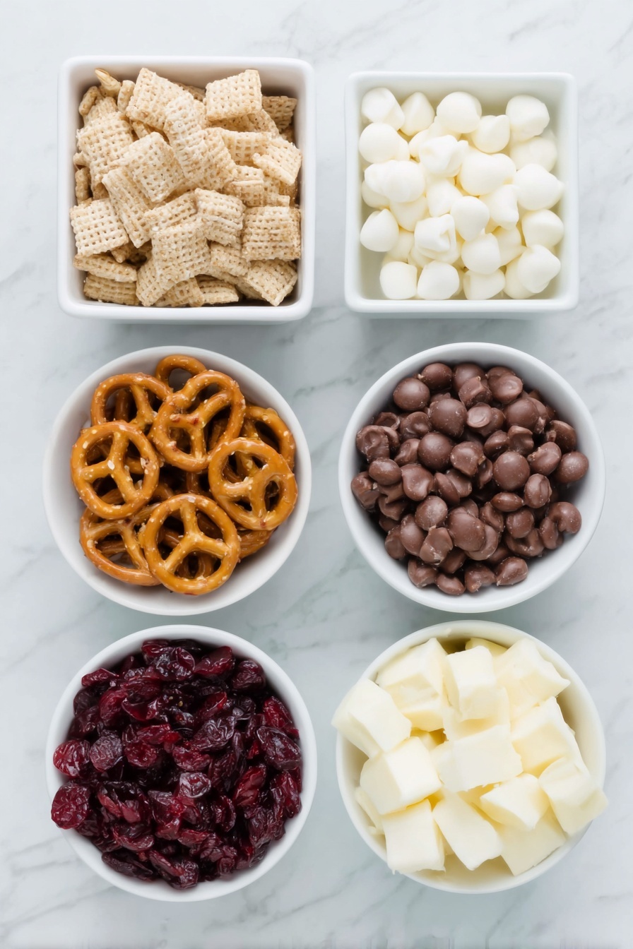 Flat lay of a small mound of rice Chex cereal, a neat pile of Cheerios, a small cluster of twisted pretzels, a handful of colorful M&M candies, a small bowl filled with plump dried cranberries, and a small white ceramic bowl containing smooth white chocolate chips, all arranged symmetrically on a clean white marble surface, soft natural light, photo taken with an iPhone, professional food photography style, fresh ingredients, white ceramic bowls, no bottles, no duplicates, no utensils, no packaging --ar 2:3 --v 7 --p m7354615311229779997 - White Chocolate Snack Mix, festive snack mix, sweet salty snack recipes, easy holiday party treats, crunchy cereal snack mix