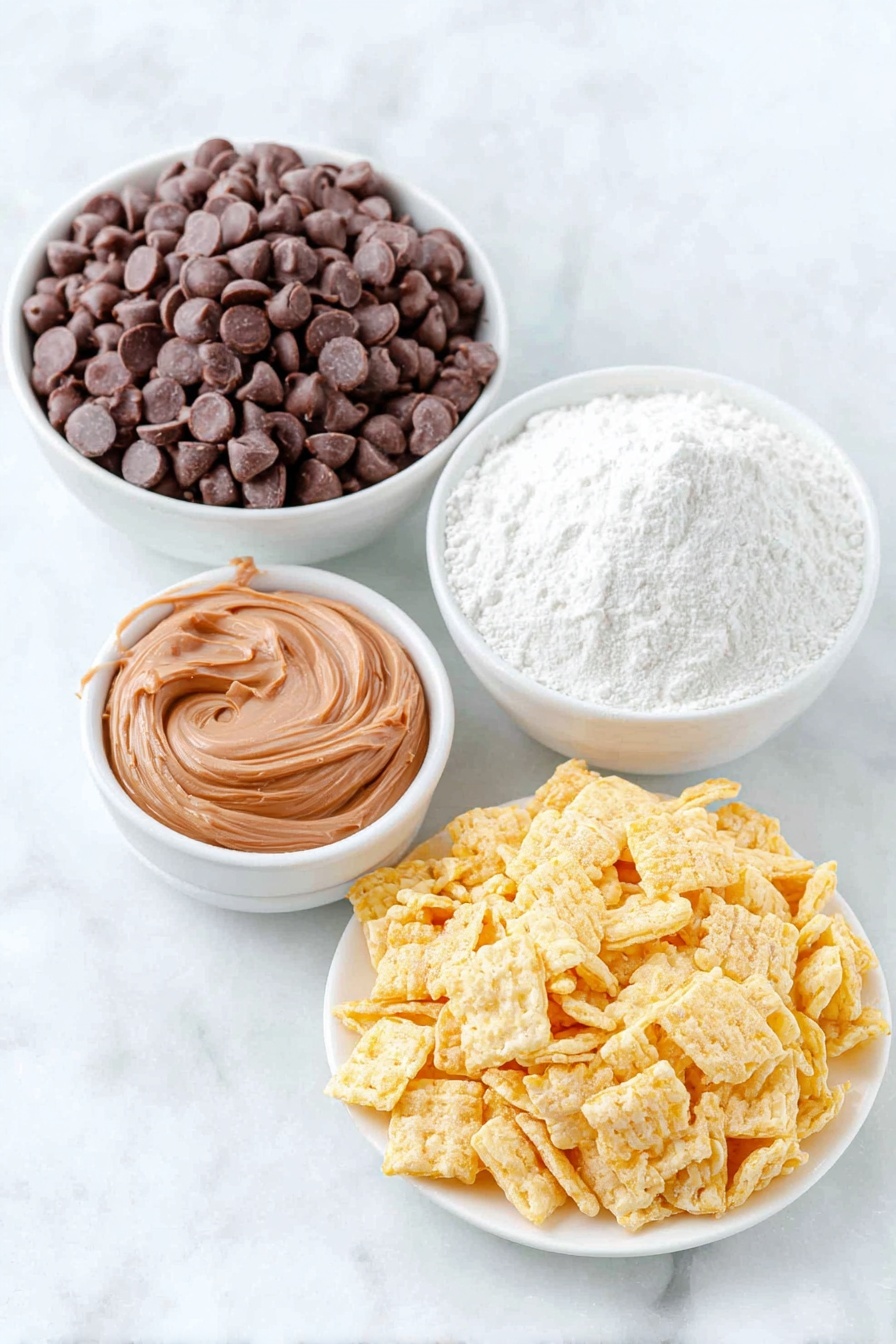 Flat lay of a small mound of glossy semisweet chocolate chips, a dollop of creamy peanut butter on a white ceramic plate, a heap of golden Rice Chex cereal spread neatly on a simple white ceramic dish, and a small white bowl filled with fine, snowy powdered sugar, placed on a clean white marble surface, soft natural light, photo taken with an iPhone, professional food photography style, fresh ingredients, white ceramic bowls, no bottles, no duplicates, no utensils, no packaging --ar 2:3 --v 7 --p m7354615311229779997 - Easy Chocolate Peanut Butter Puppy Chow, peanut butter puppy chow, no-bake muddy buddies, quick chocolate puppy chow, beginner-friendly snack recipes