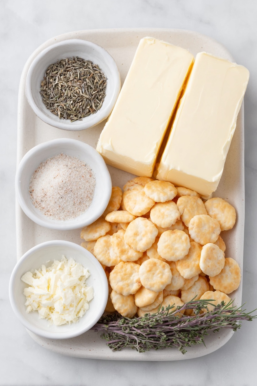 Flat lay of two whole sticks of unsalted butter on a simple white ceramic plate, a small white bowl filled with fine ranch seasoning powder, a small white bowl containing lemon pepper spice blend, a small white bowl holding dried dill weed, a small white bowl with garlic powder, and a generous pile of fresh, lightly golden oyster crackers arranged neatly on a simple white ceramic dish, all placed on a clean white marble surface, soft natural light, photo taken with an iPhone, professional food photography style, fresh ingredients, white ceramic bowls, no bottles, no duplicates, no utensils, no packaging --ar 2:3 --v 7 --p m7354615311229779997 - Best Ranch Oyster Crackers, Ranch Oyster Crackers ingredients, how to make ranch oyster crackers, easy oyster cracker snacks, flavorful oyster crackers