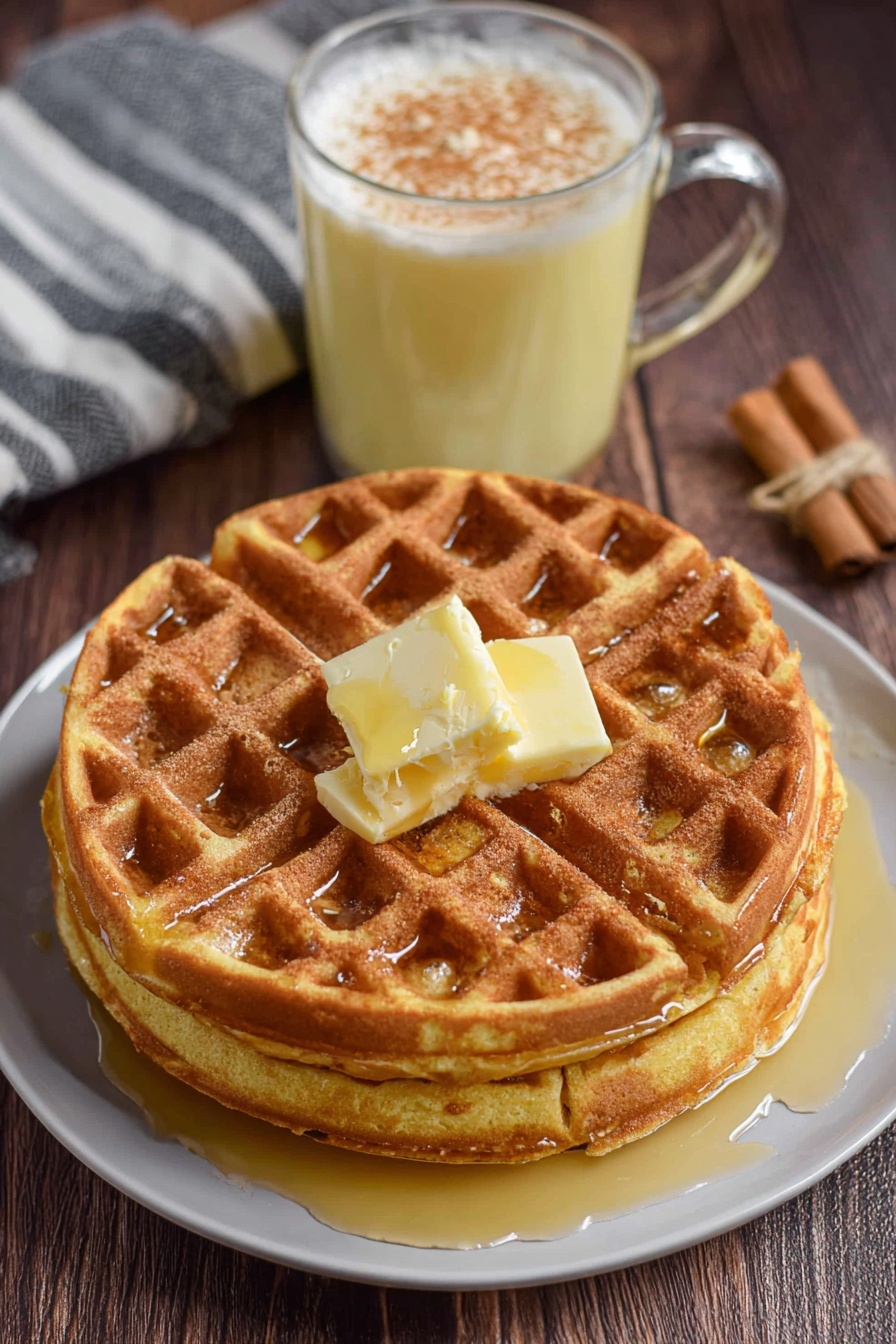 A stack of two golden brown round waffles sits on a white plate placed on a wooden surface. Each waffle has a grid texture with square pockets, and the top waffle is topped with two square slices of light yellow butter, slightly melted, with golden syrup drizzled over the waffles and pooling in the pockets. Beside the plate, there is a glass mug with a pale yellow creamy drink sprinkled with cinnamon on top, and part of a striped cloth napkin is visible in the background. Photo taken with an iphone --ar 2:3 --v 7 - Eggnog Waffles, festive holiday waffles, easy eggnog waffle recipe, fluffy holiday breakfast waffles, Christmas eggnog waffles