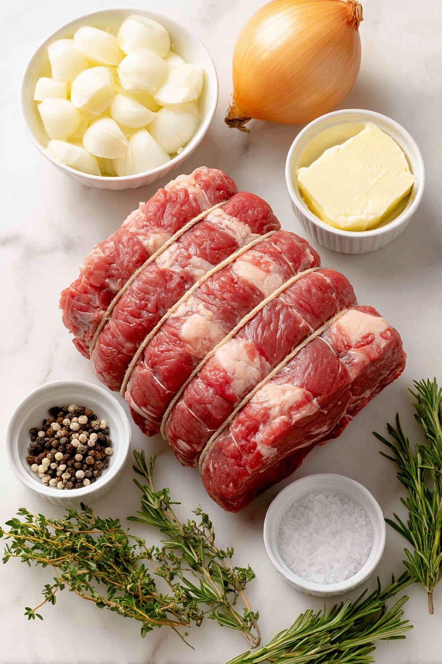 Flat lay of a large bone-in prime rib roast tied with kitchen twine, a small white ceramic bowl of softened butter, a few peeled garlic cloves, a small white bowl of coarse kosher salt crystals, fresh thyme sprigs with tiny green leaves, fresh rosemary sprigs, whole black peppercorns scattered neatly, a medium yellow onion quartered, all ingredients arranged symmetrically on a clean white marble surface, soft natural light, photo taken with an iPhone, professional food photography style, fresh ingredients, white ceramic bowls, no bottles, no duplicates, no utensils, no packaging --ar 2:3 --v 7 --p m7354615311229779997 - Garlic Herb Prime Rib Roast, prime rib dinner, holiday prime rib, tender beef roast, herb-crusted prime rib